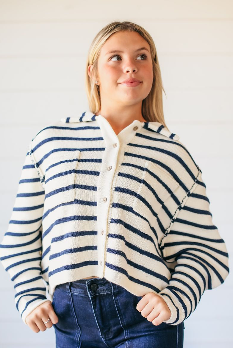 CREAM AND NAVY COLLARED STRIPED BUTTON DOWN SWEATER - Tops
