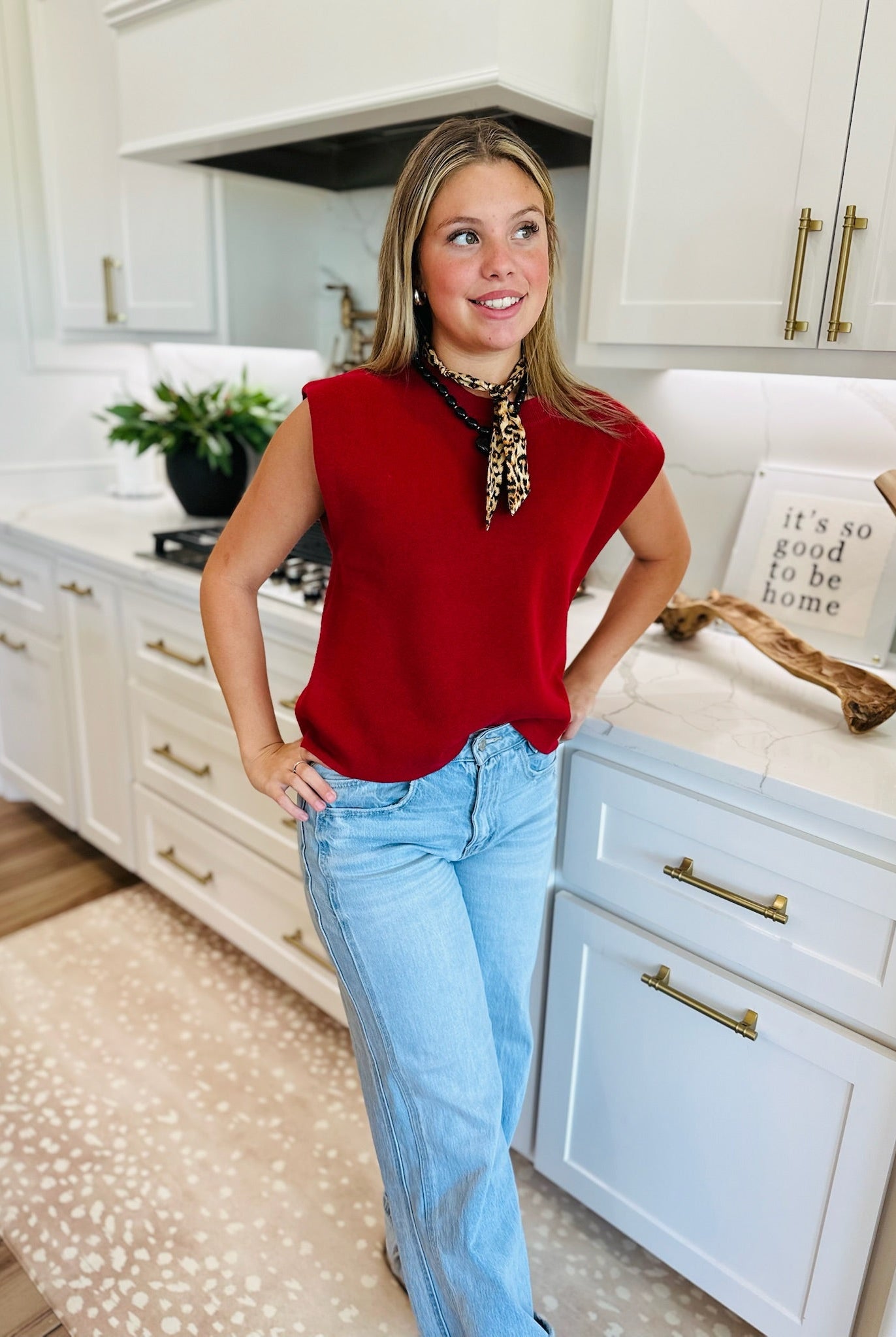 CRIMSON ROUND NECK CAP SLEEVE SWEATER - Tops