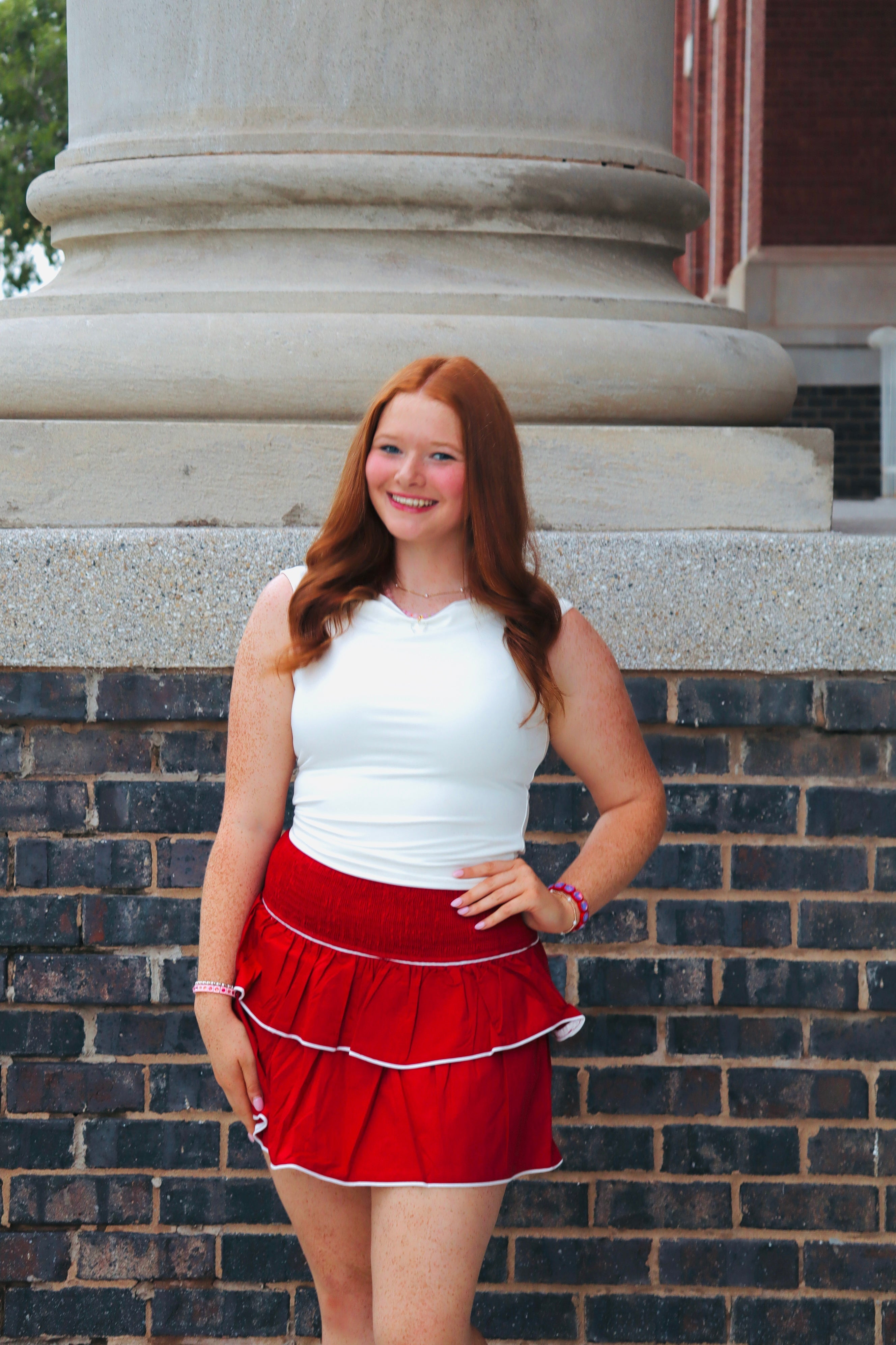 CRIMSON SMOCKED WAISTBAND TIERED RUFFLED TRIM MINI SKIRT - Bottoms