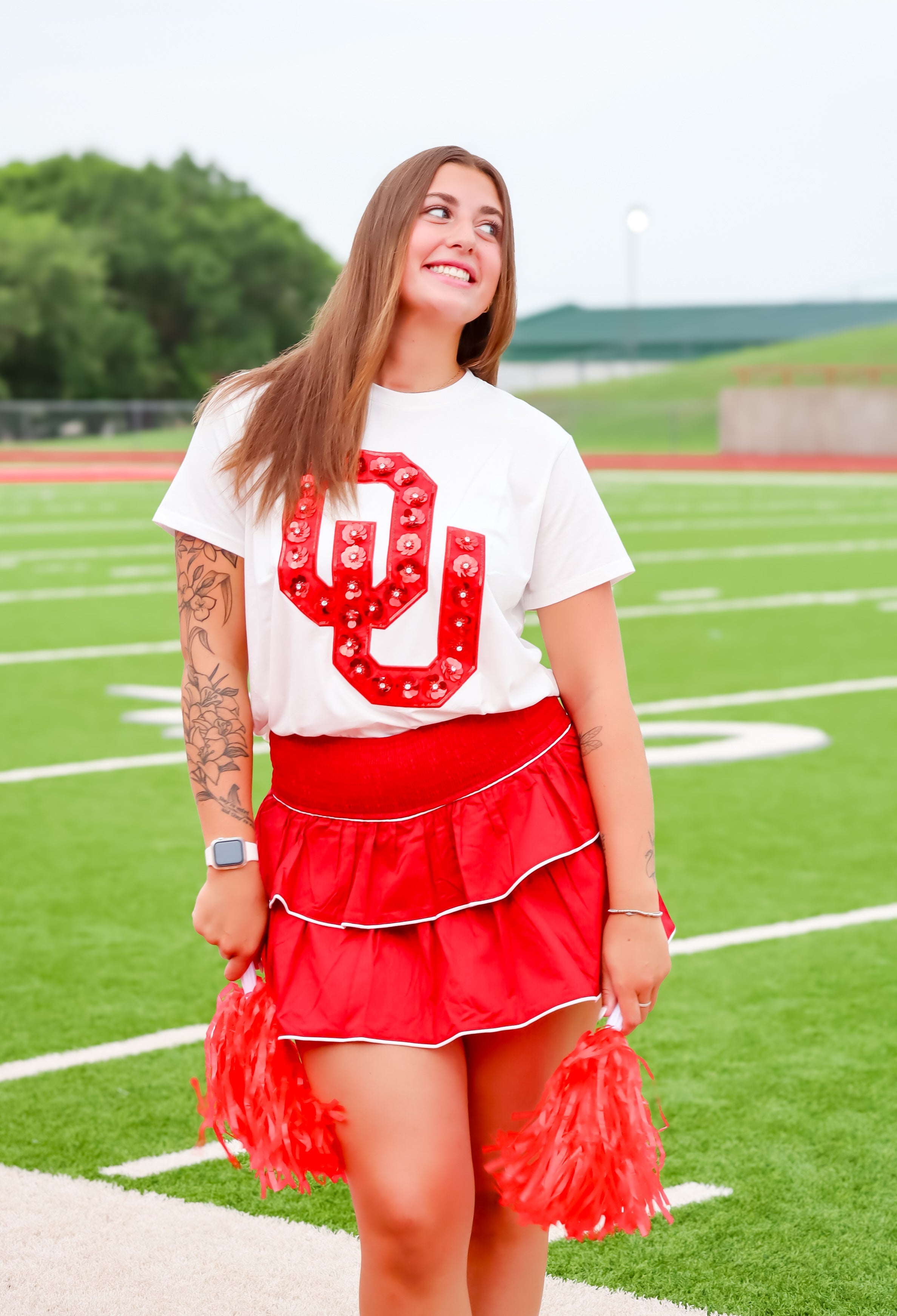 CRIMSON SMOCKED WAISTBAND TIERED RUFFLED TRIM MINI SKIRT - Bottoms