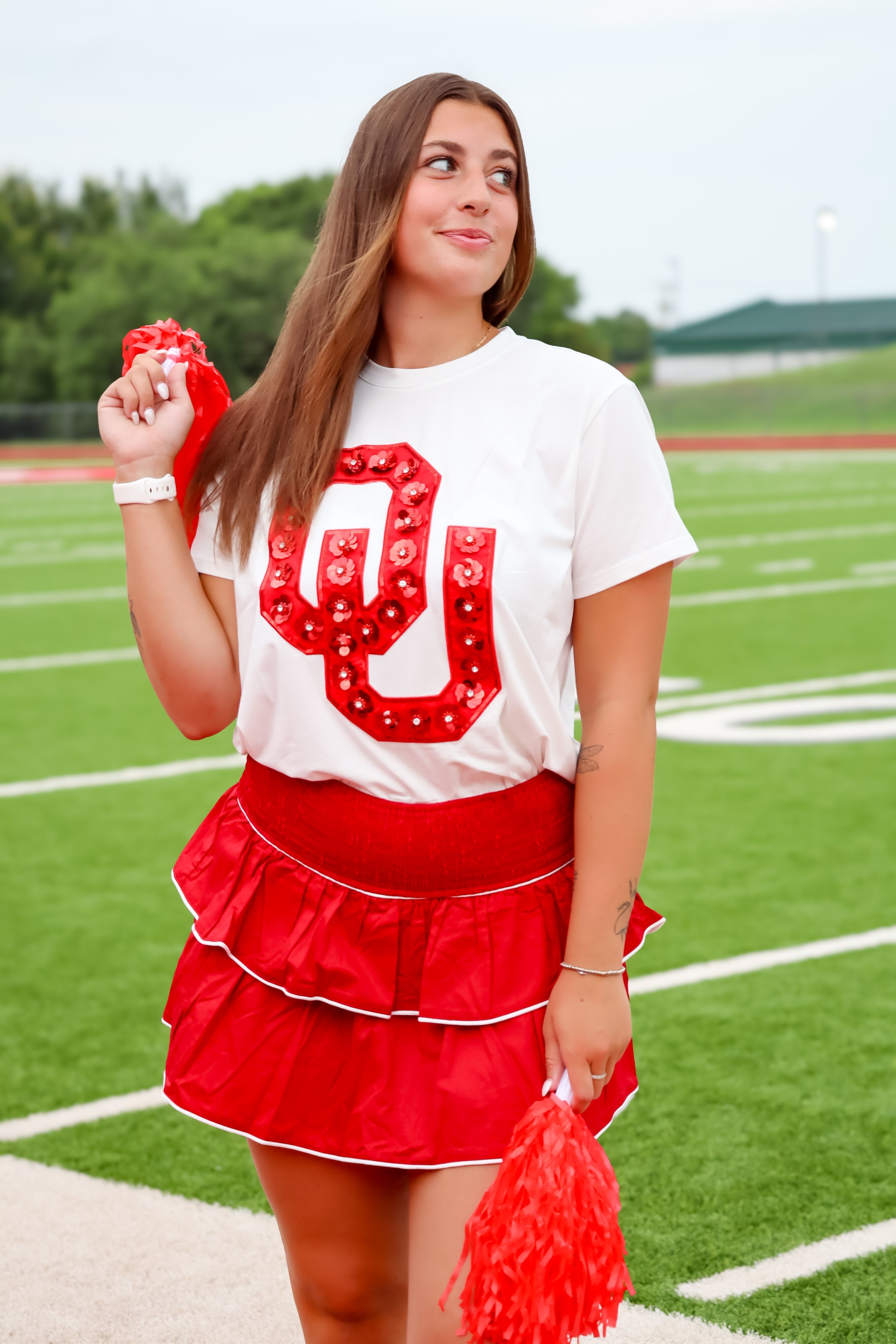 CRIMSON SMOCKED WAISTBAND TIERED RUFFLED TRIM MINI SKIRT - Bottoms