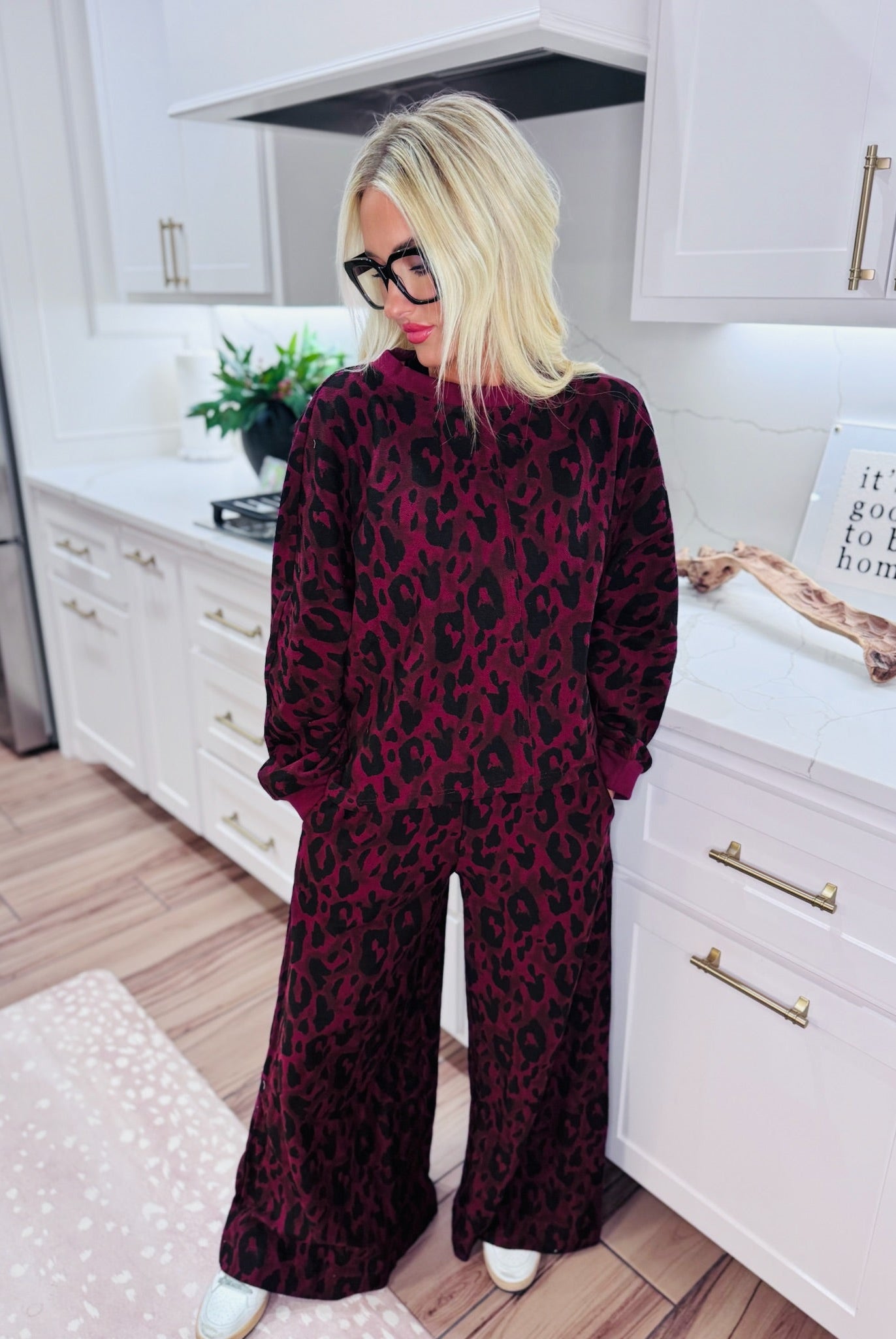 DAVI & DANI BURGUNDY LEOPARD LOOP TERRY PANT SET - SET
