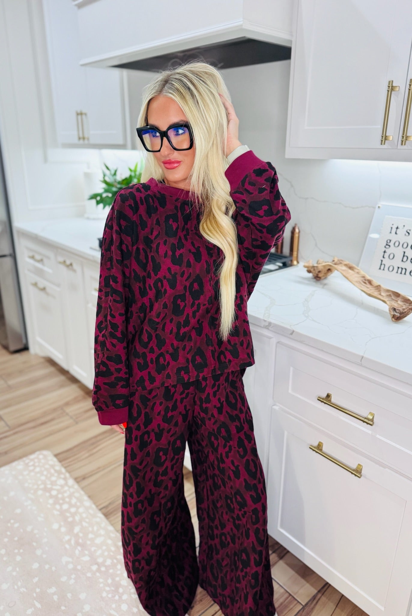 DAVI & DANI BURGUNDY LEOPARD LOOP TERRY PANT SET - SET