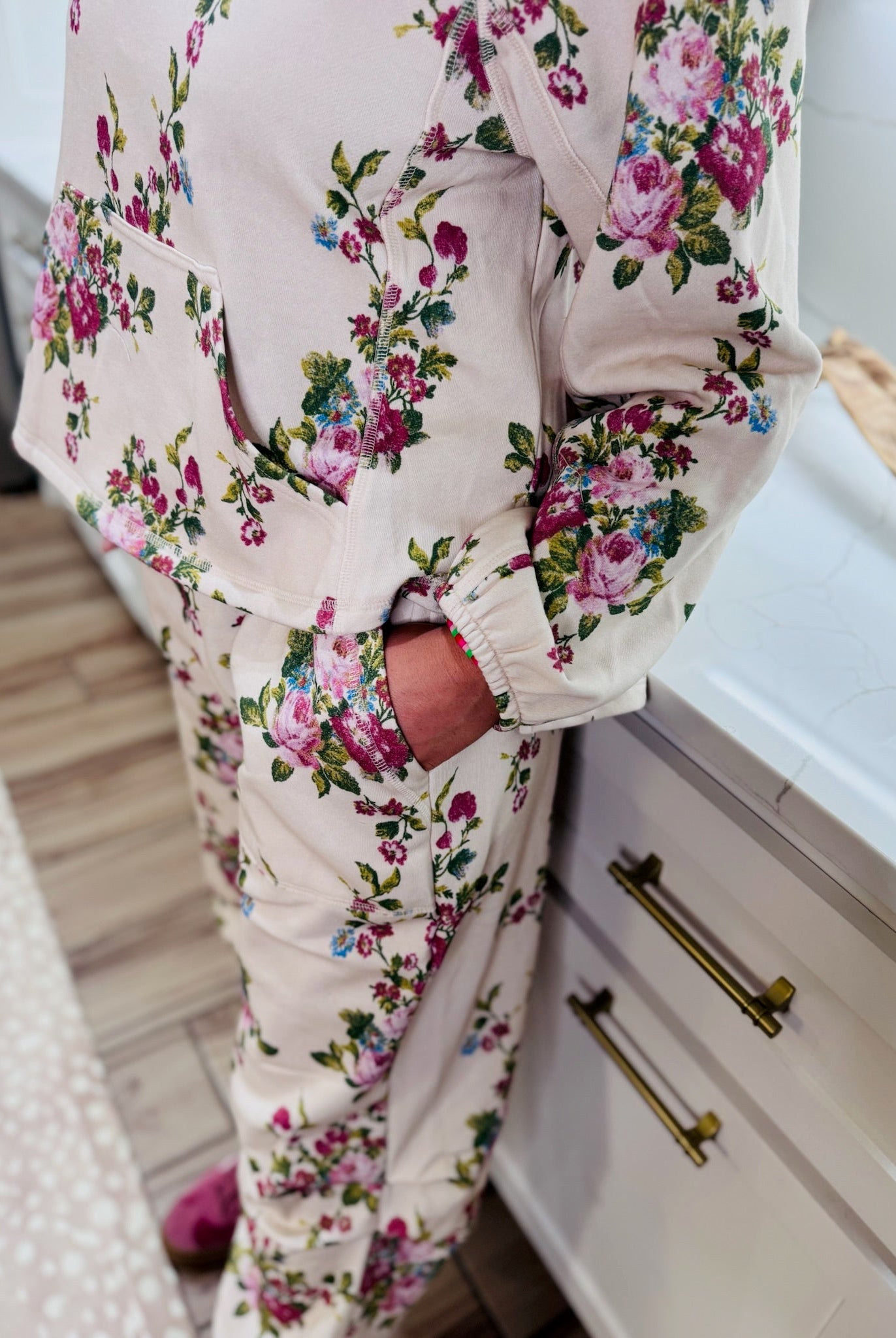 DAVI & DANI FLORAL FRENCH TERRY HALF-ZIP SET- NATURAL PINK BOUQUET - SET