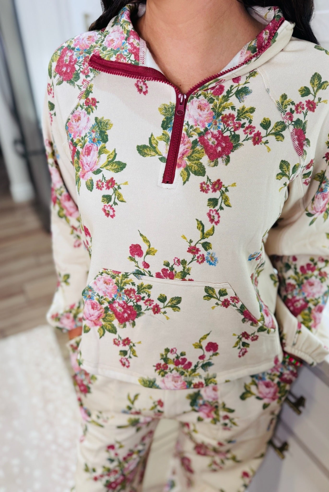 DAVI & DANI FLORAL FRENCH TERRY HALF-ZIP SET- NATURAL PINK BOUQUET - SET