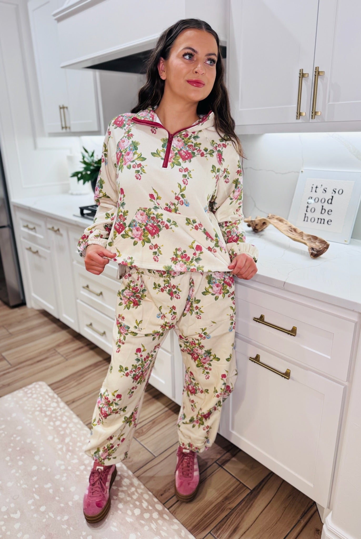 DAVI & DANI FLORAL FRENCH TERRY HALF-ZIP SET- NATURAL PINK BOUQUET - SET