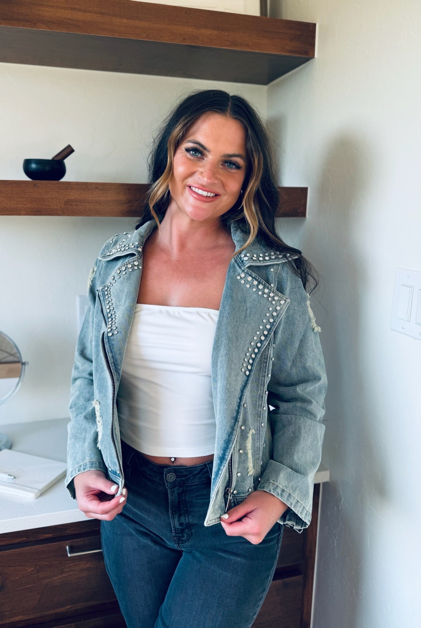 DAVI & DANI RHINESTONE LONG SLEEVE ZIP-UP DENIM JACKET- MOTO INSPIRED SPARKLE - Tops