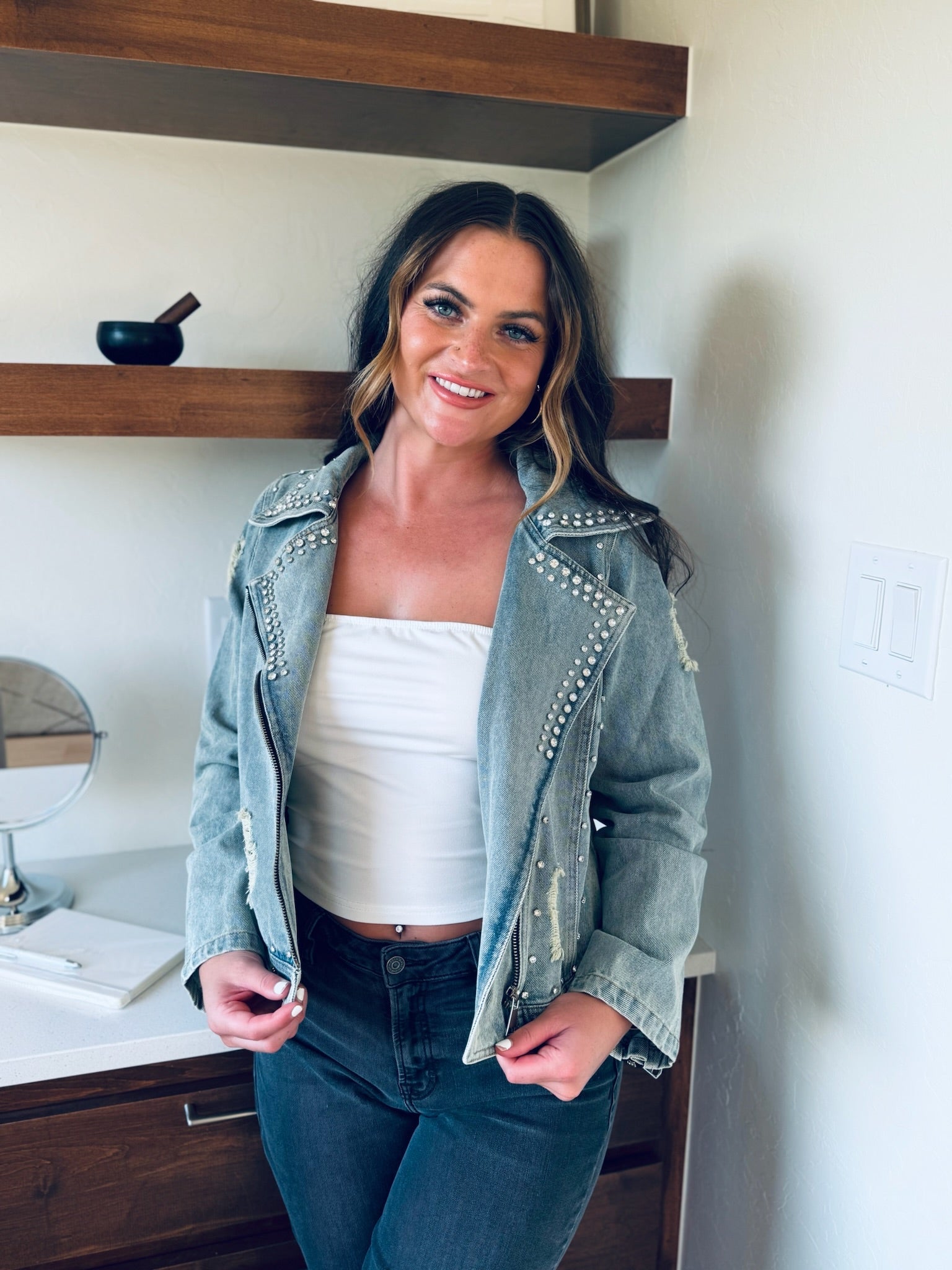 DAVI & DANI RHINESTONE LONG SLEEVE ZIP-UP DENIM JACKET- MOTO INSPIRED SPARKLE - Tops