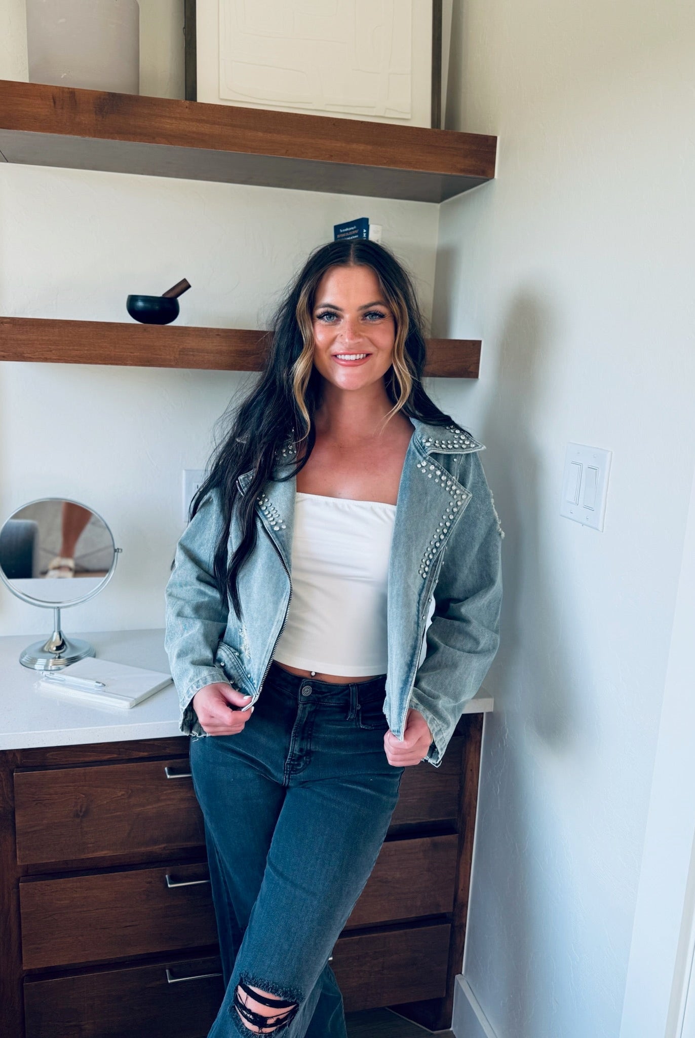 DAVI & DANI RHINESTONE LONG SLEEVE ZIP-UP DENIM JACKET- MOTO INSPIRED SPARKLE - Tops