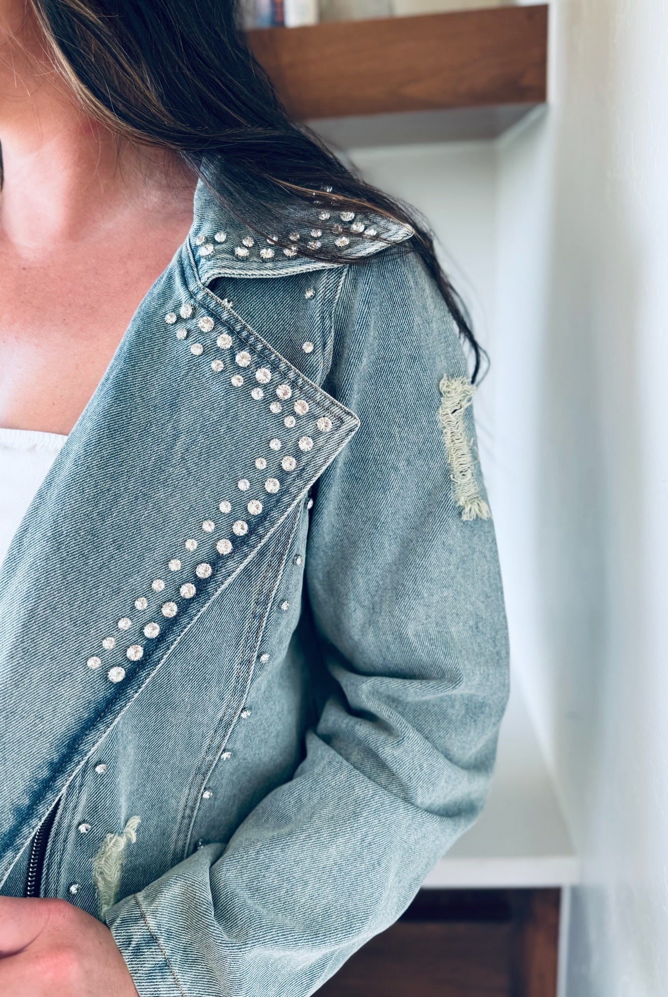 DAVI & DANI RHINESTONE LONG SLEEVE ZIP-UP DENIM JACKET- MOTO INSPIRED SPARKLE - Tops