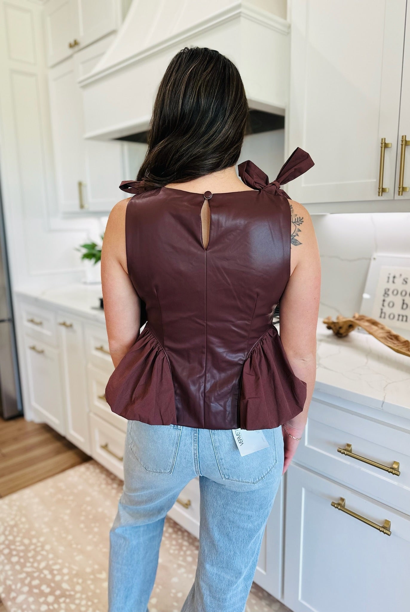 DEEP BROWN FAUX LEATHER BUTTON DOWN TOP - Tops
