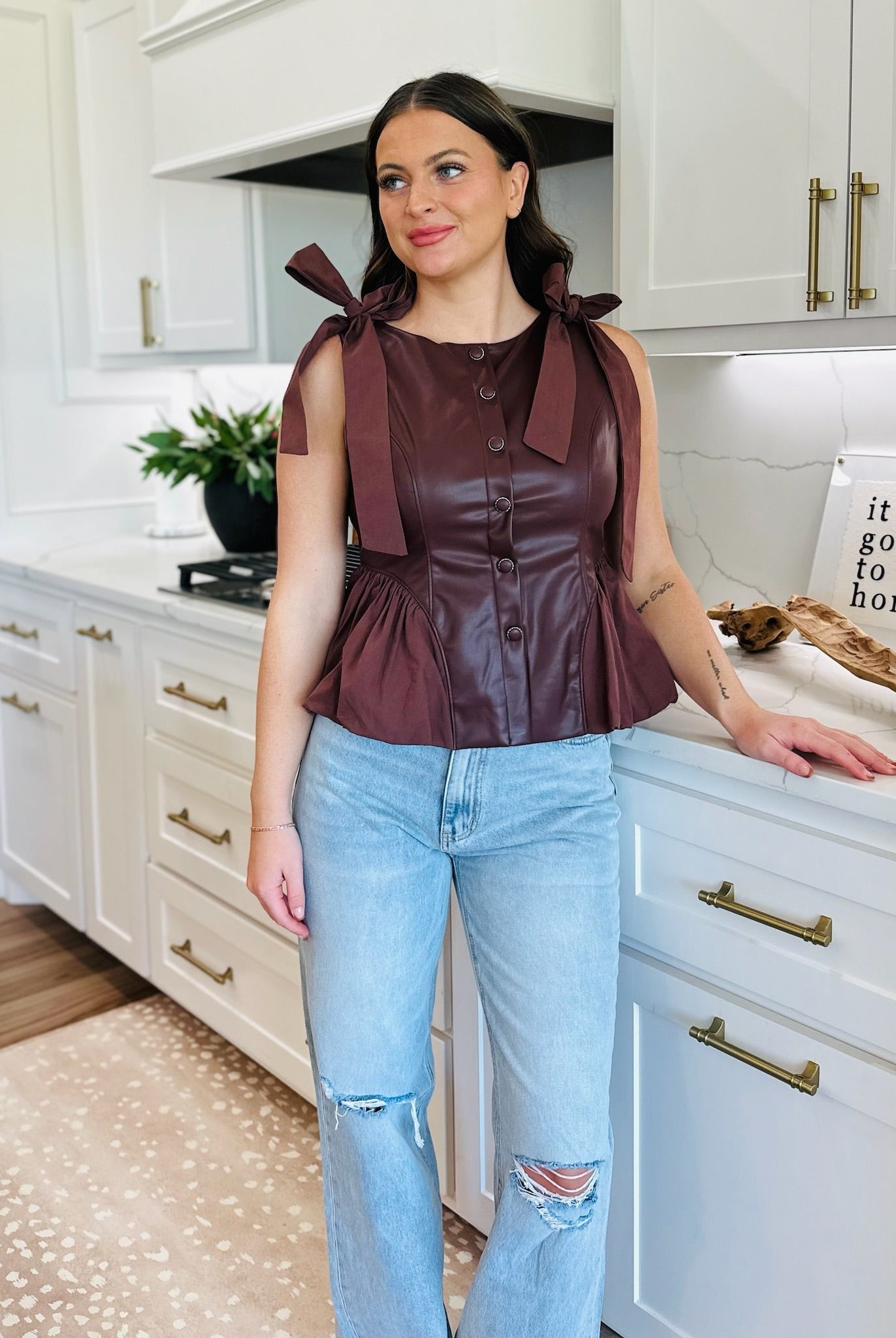DEEP BROWN FAUX LEATHER BUTTON DOWN TOP - Tops