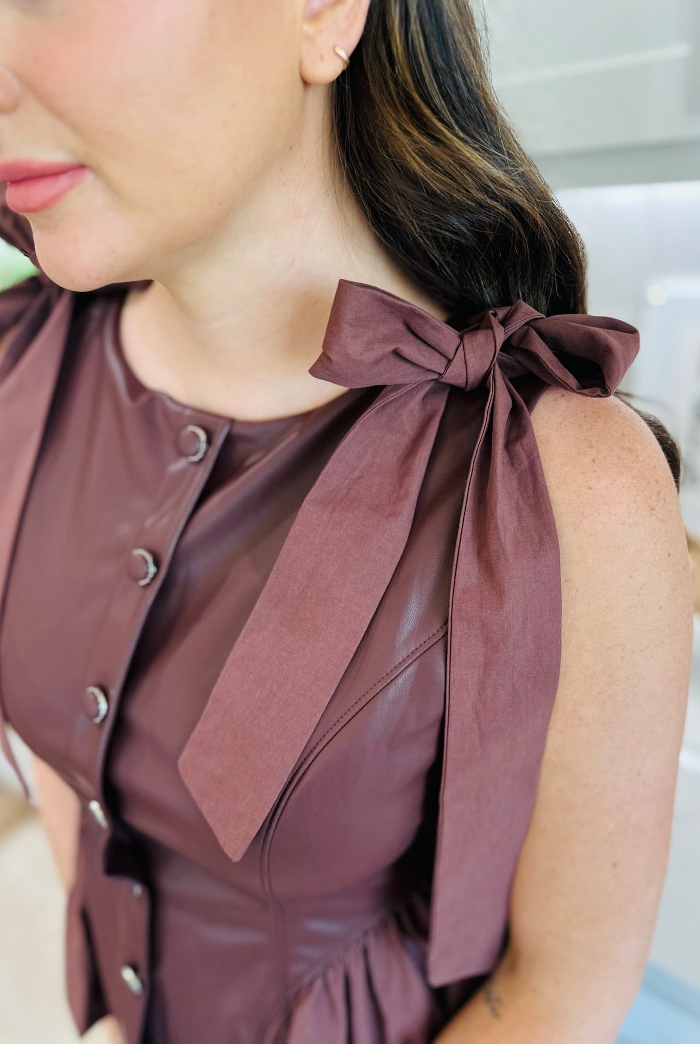 DEEP BROWN FAUX LEATHER BUTTON DOWN TOP - Tops