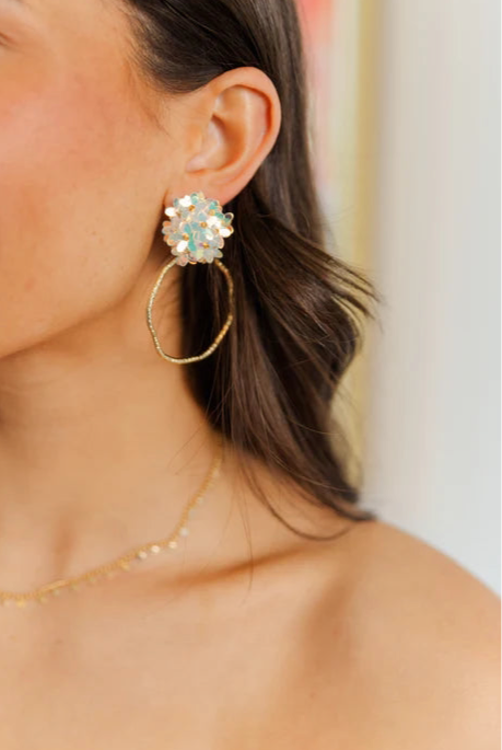 Stylish Iridescent Flower Top Hoops in White, perfect for adding a touch of elegance to any outfit. These lightweight and dainty earrings are ideal for both upscale and casual dressing.