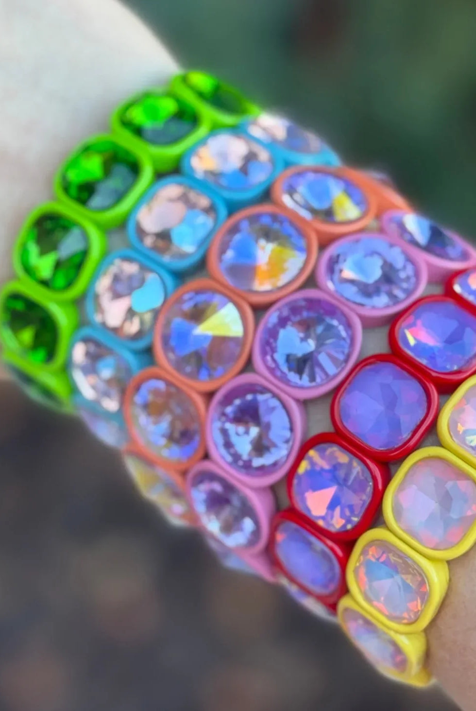 Close-up view of the Elise Beaded Bracelet showcasing its unique blend of enamel and stone, perfect for both casual and formal outfits.