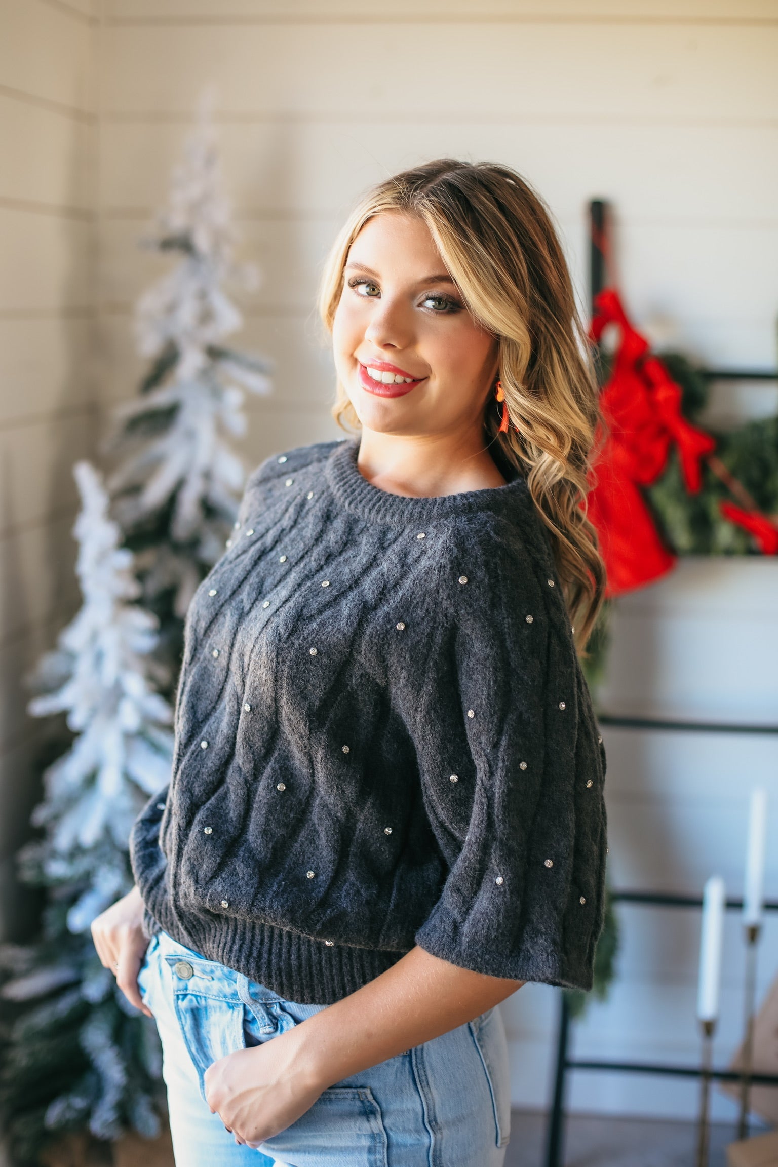 ENTRO CHARCOAL SHORT SLEEVE RHINESTONE SWEATER TOP - Tops