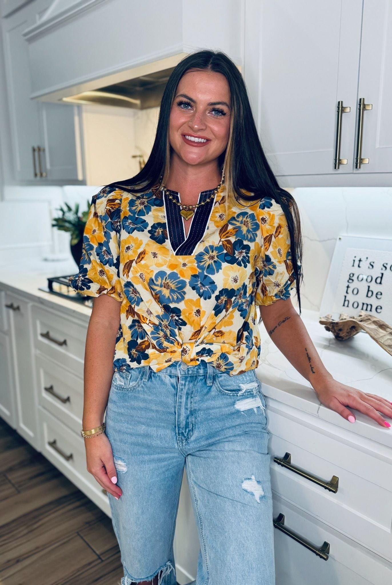 ENTRO GOLD AND BLUE FLORAL PRINT TOP WITH TIE - L - Tops