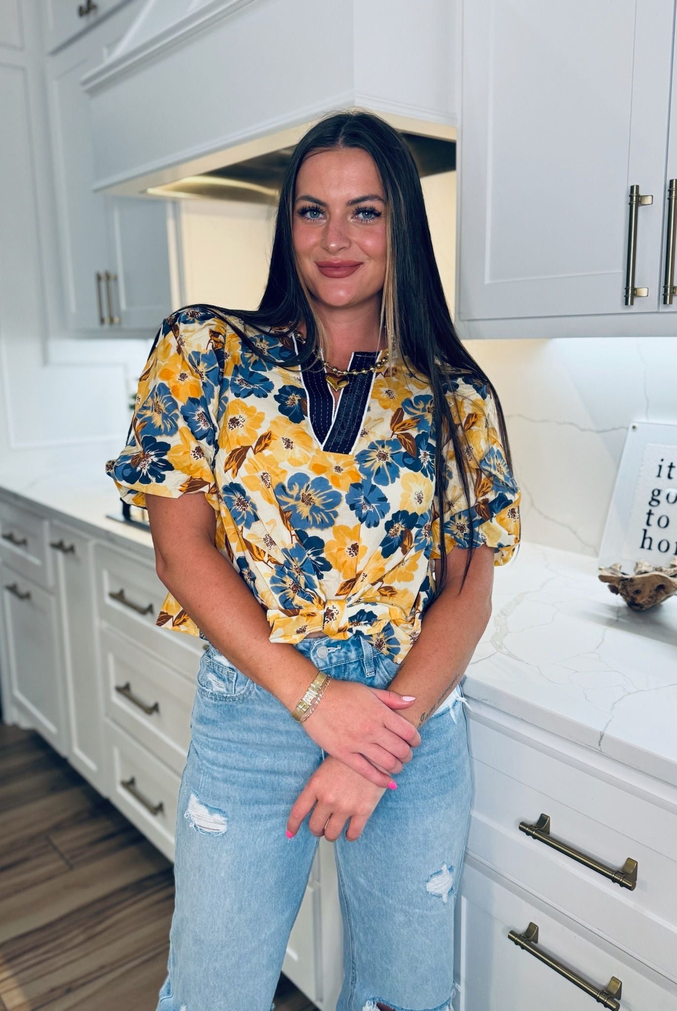 ENTRO GOLD AND BLUE FLORAL PRINT TOP WITH TIE - Tops