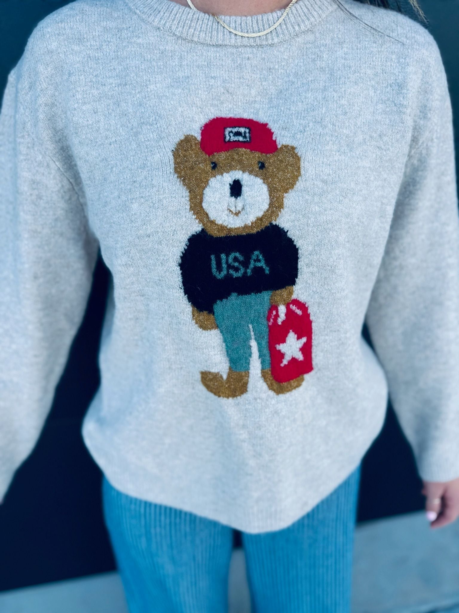 ENTRO OATMEAL USA TEDDY BEAR KNIT SWEATER - Tops