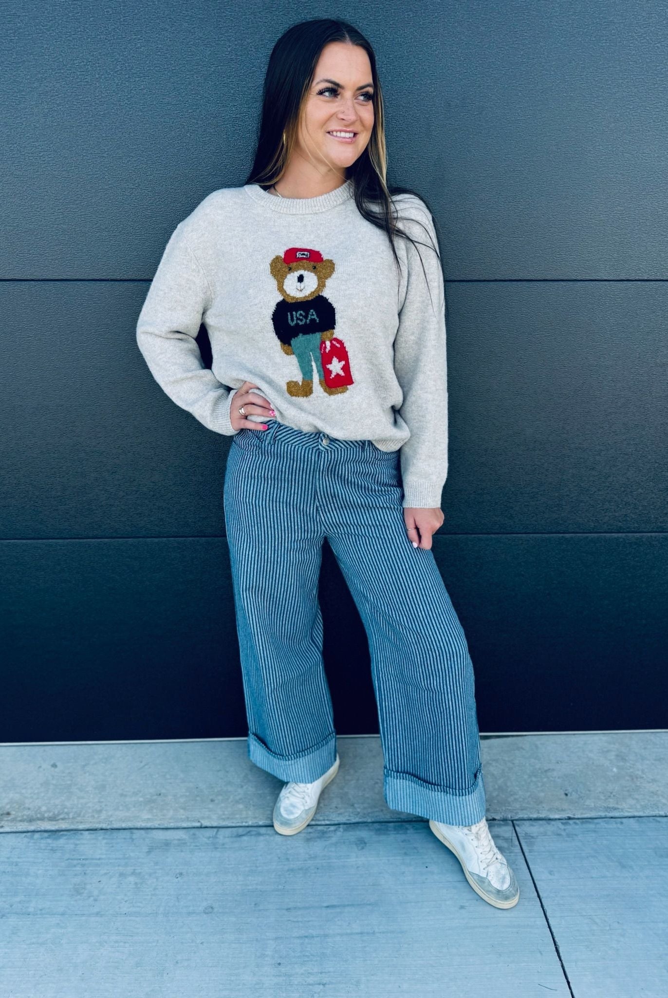 ENTRO OATMEAL USA TEDDY BEAR KNIT SWEATER - Tops