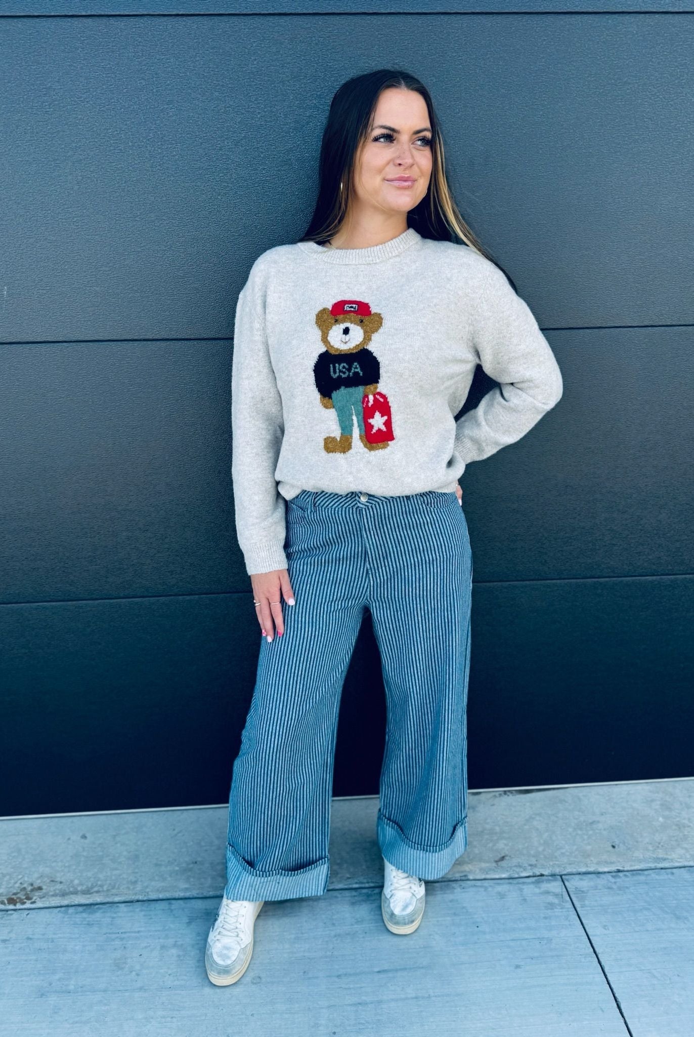 ENTRO OATMEAL USA TEDDY BEAR KNIT SWEATER - Tops