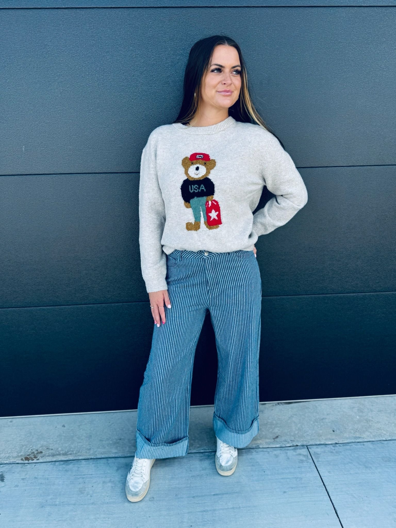 ENTRO OATMEAL USA TEDDY BEAR KNIT SWEATER - Tops
