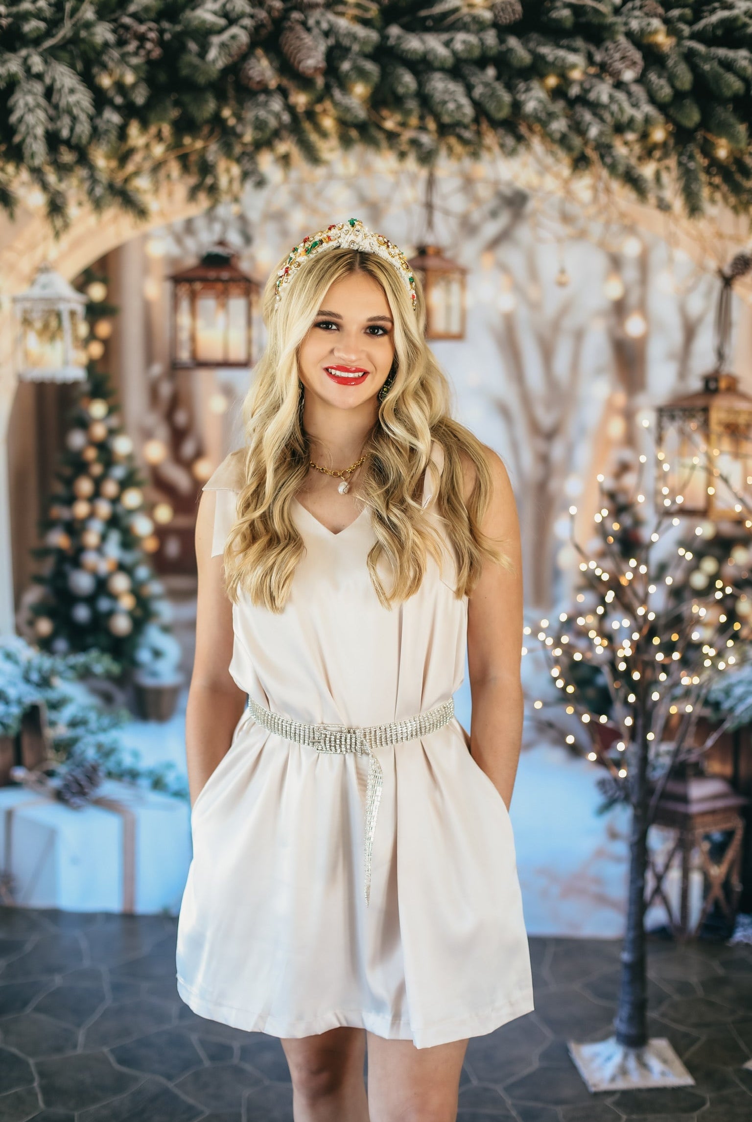 ENTRO SATIN CHAMPAGNE COCKTAIL DRESS WITH BOW SHOULDERS - Dress