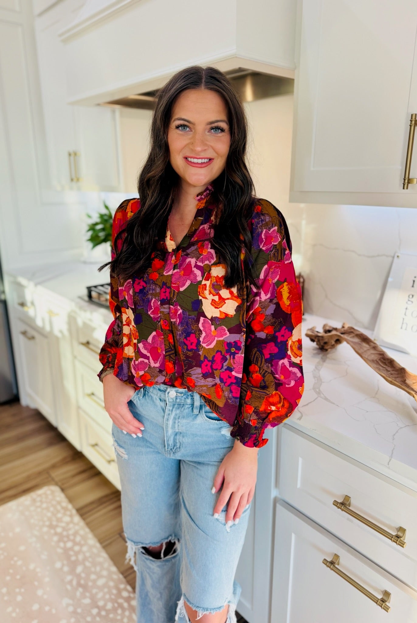 FATE BUTTON-DOWN RUFFLE MULTI PRINT V-NECK BLOUSE - Tops