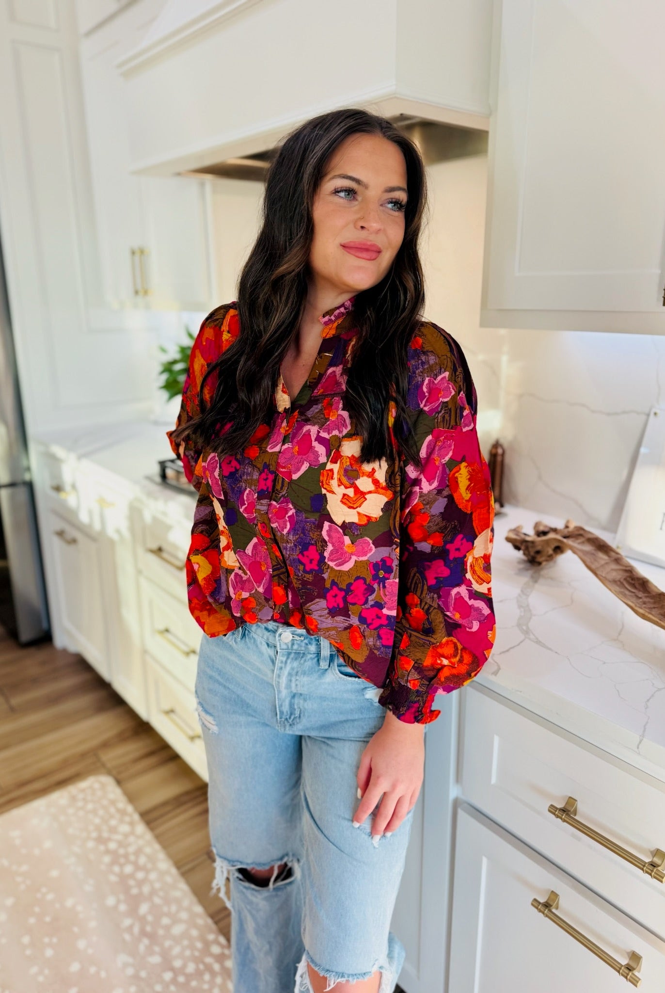FATE BUTTON-DOWN RUFFLE MULTI PRINT V-NECK BLOUSE - Tops