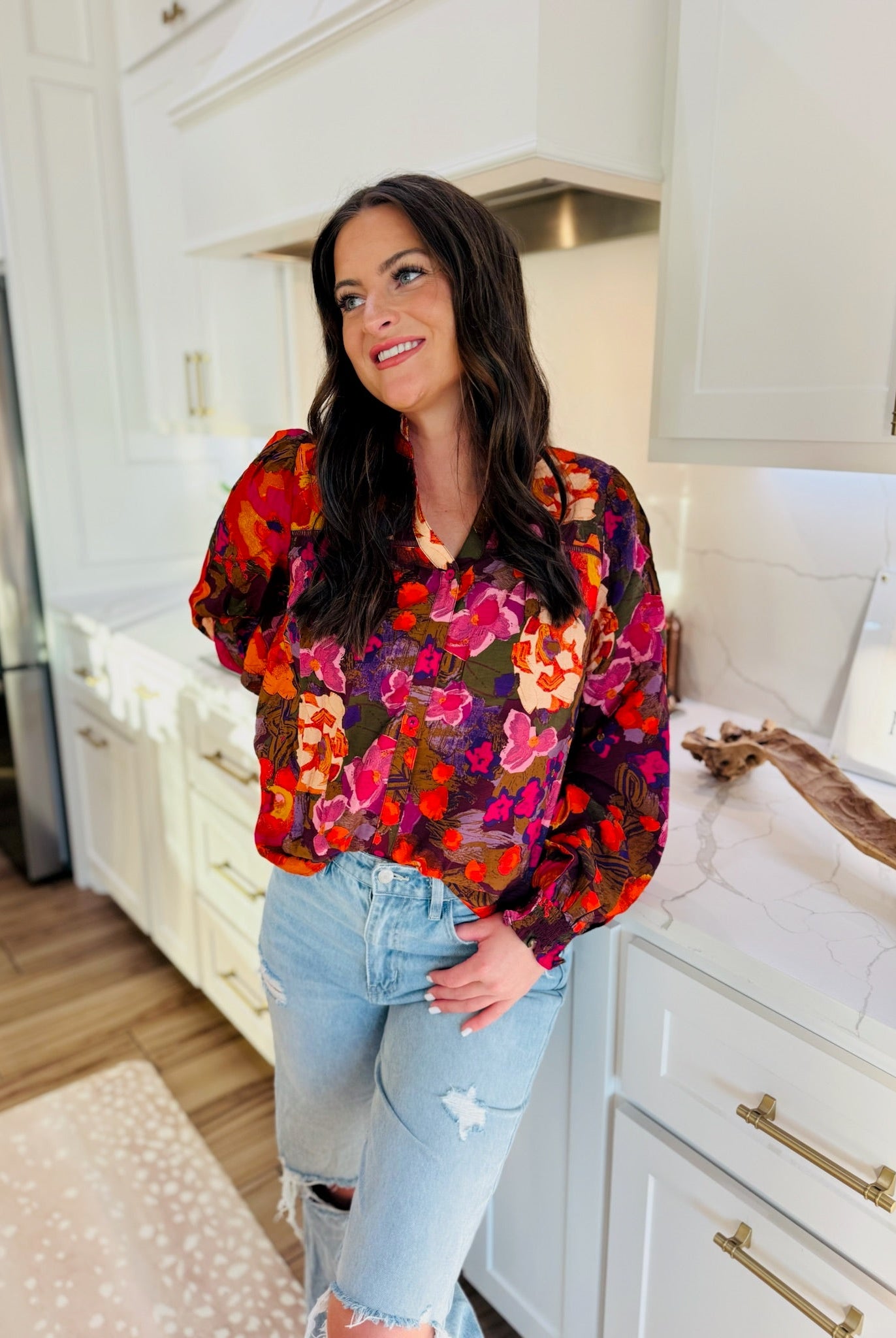 FATE BUTTON-DOWN RUFFLE MULTI PRINT V-NECK BLOUSE - Tops