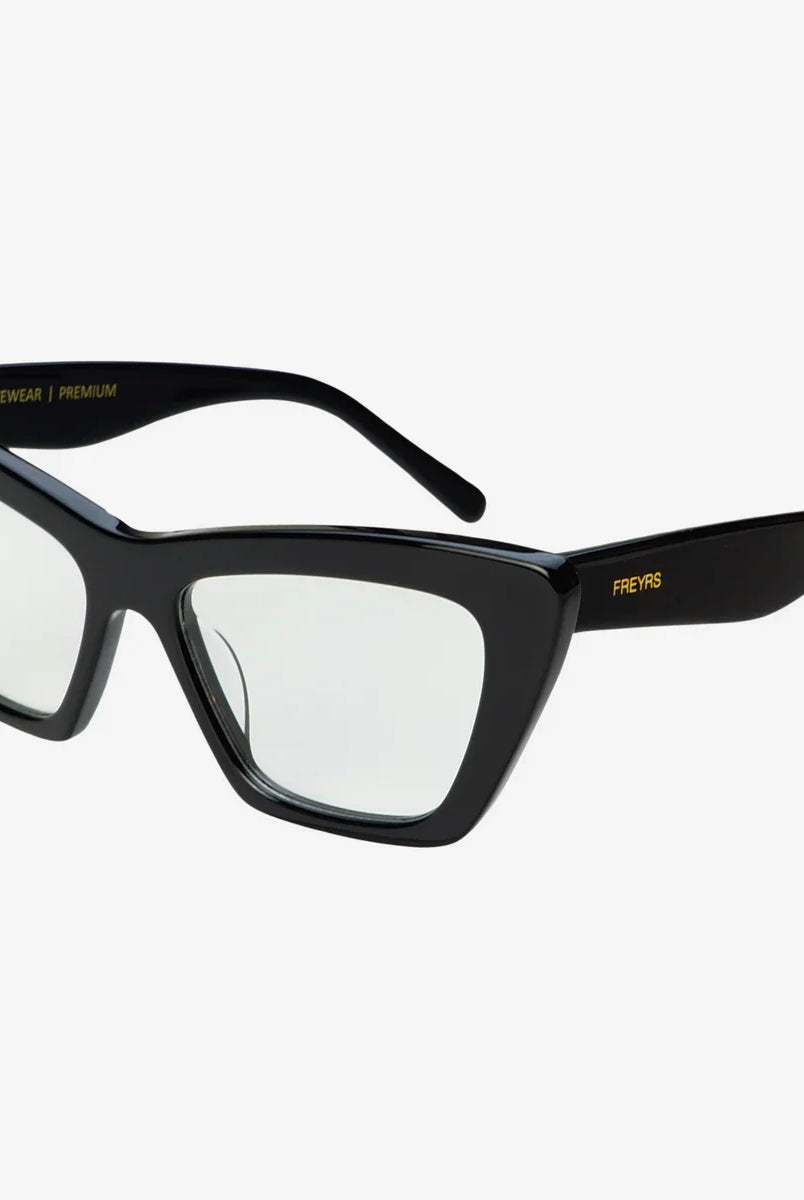 Close-up view of FREYRS SIENA BLUE LIGHT GLASSES - BLACK, showcasing the high-quality blue light blocking lenses and stylish biodegradable acetate frame.