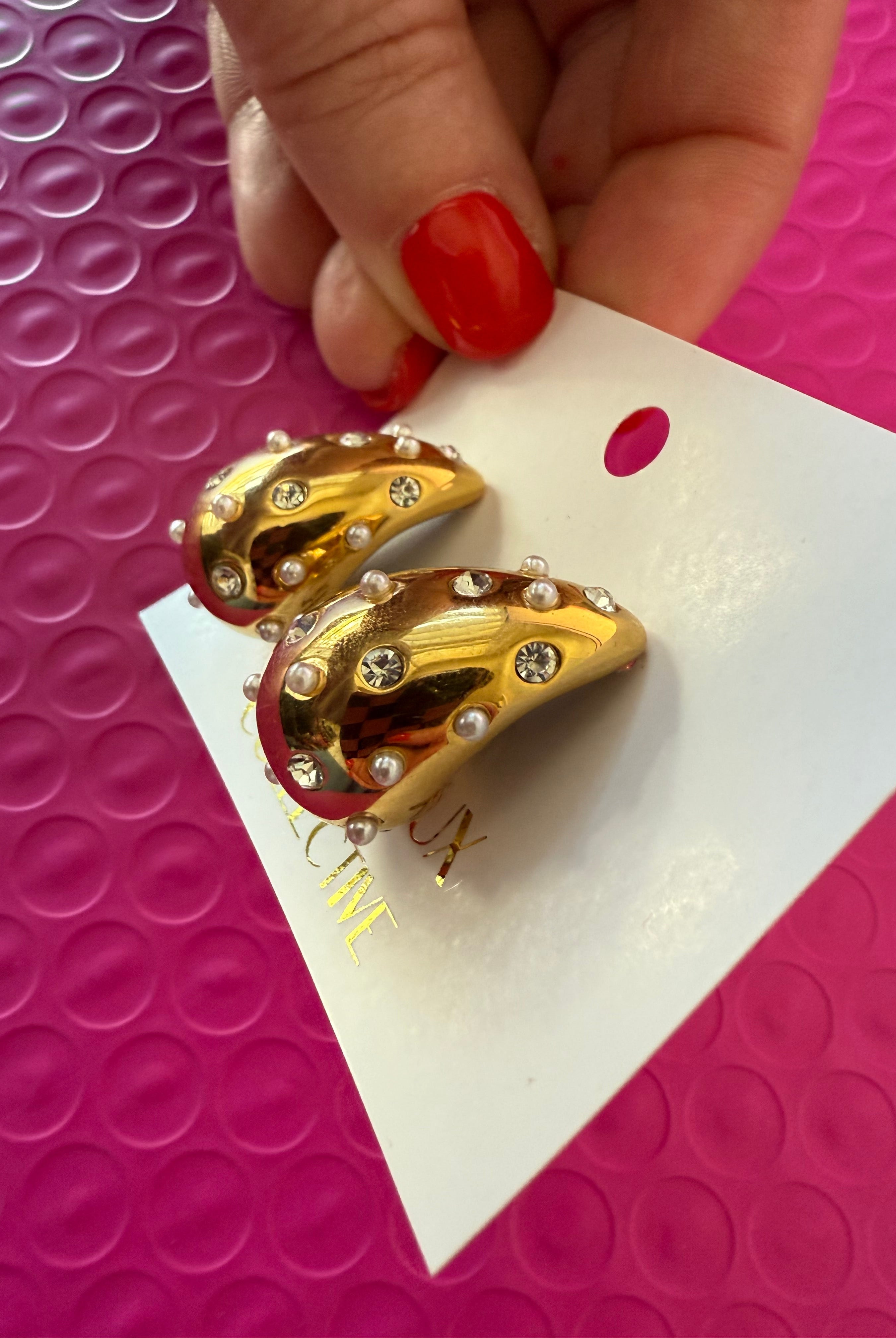 GOLD TEARDROP HOOP EARRINGS WITH PEARKS AND CZ STONES - Earrings