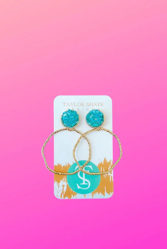 Stylish Glass Top Hoop Earrings in Green by Taylor Shaye, lightweight and colorful, perfect for any occasion, ideal for pairing with your favorite outfit or special event attire.