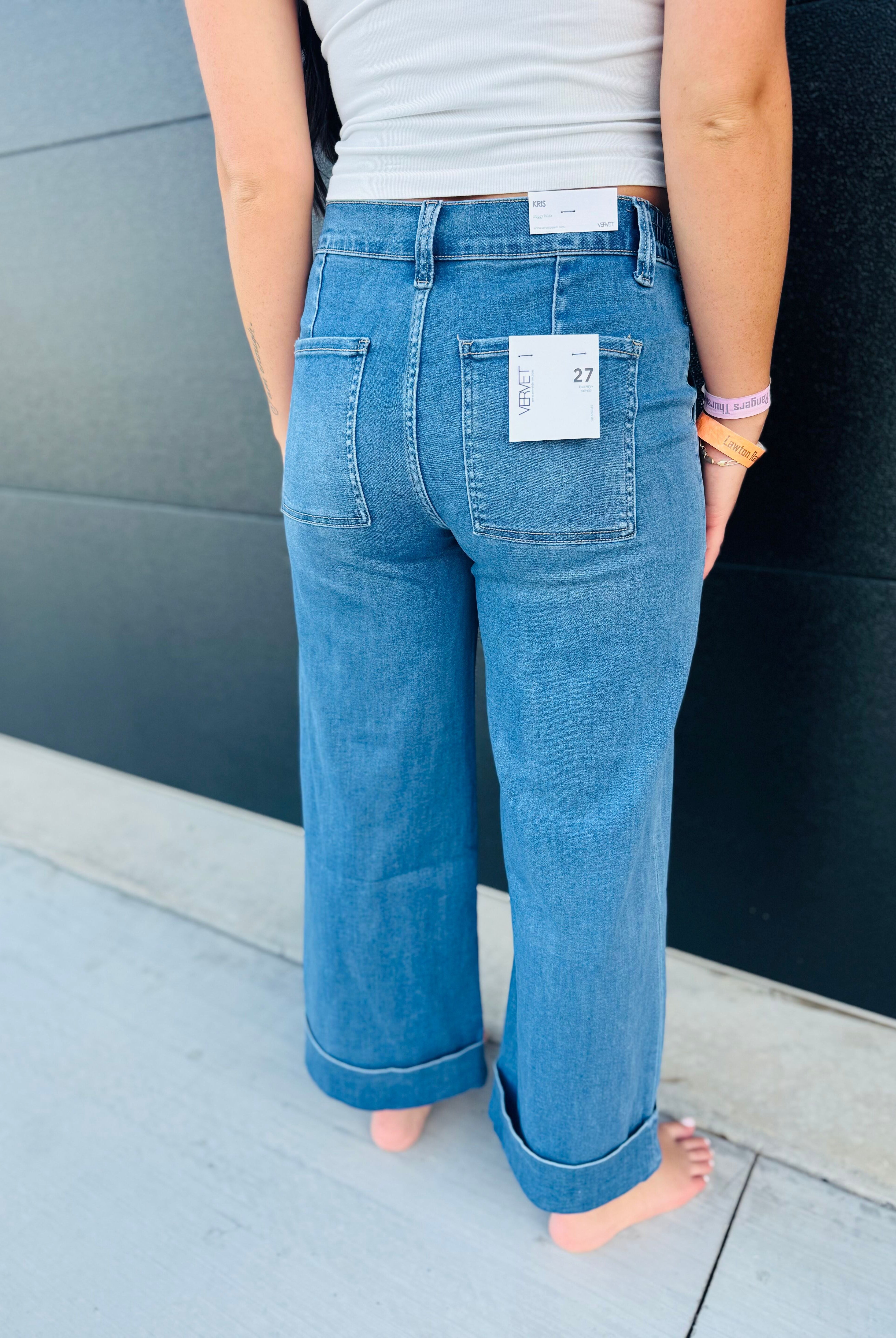 HIGH RISE DOUBLE CUFFED BAGGY WIDE JEANS BY VERVET - Bottoms