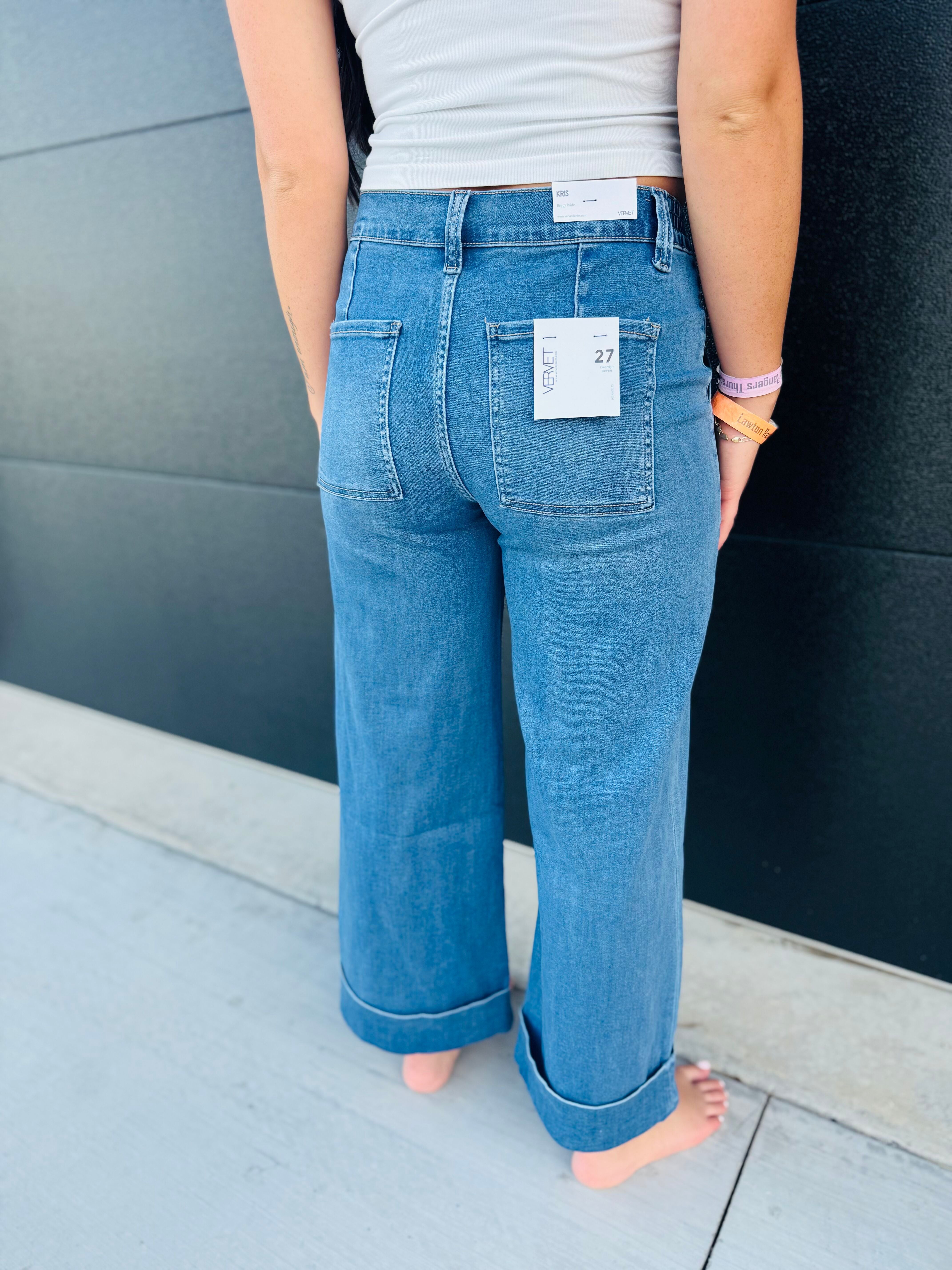 HIGH RISE DOUBLE CUFFED BAGGY WIDE JEANS BY VERVET - Bottoms
