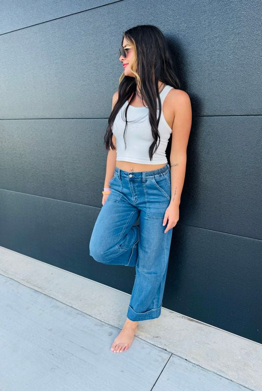 HIGH RISE DOUBLE CUFFED BAGGY WIDE JEANS BY VERVET - Bottoms