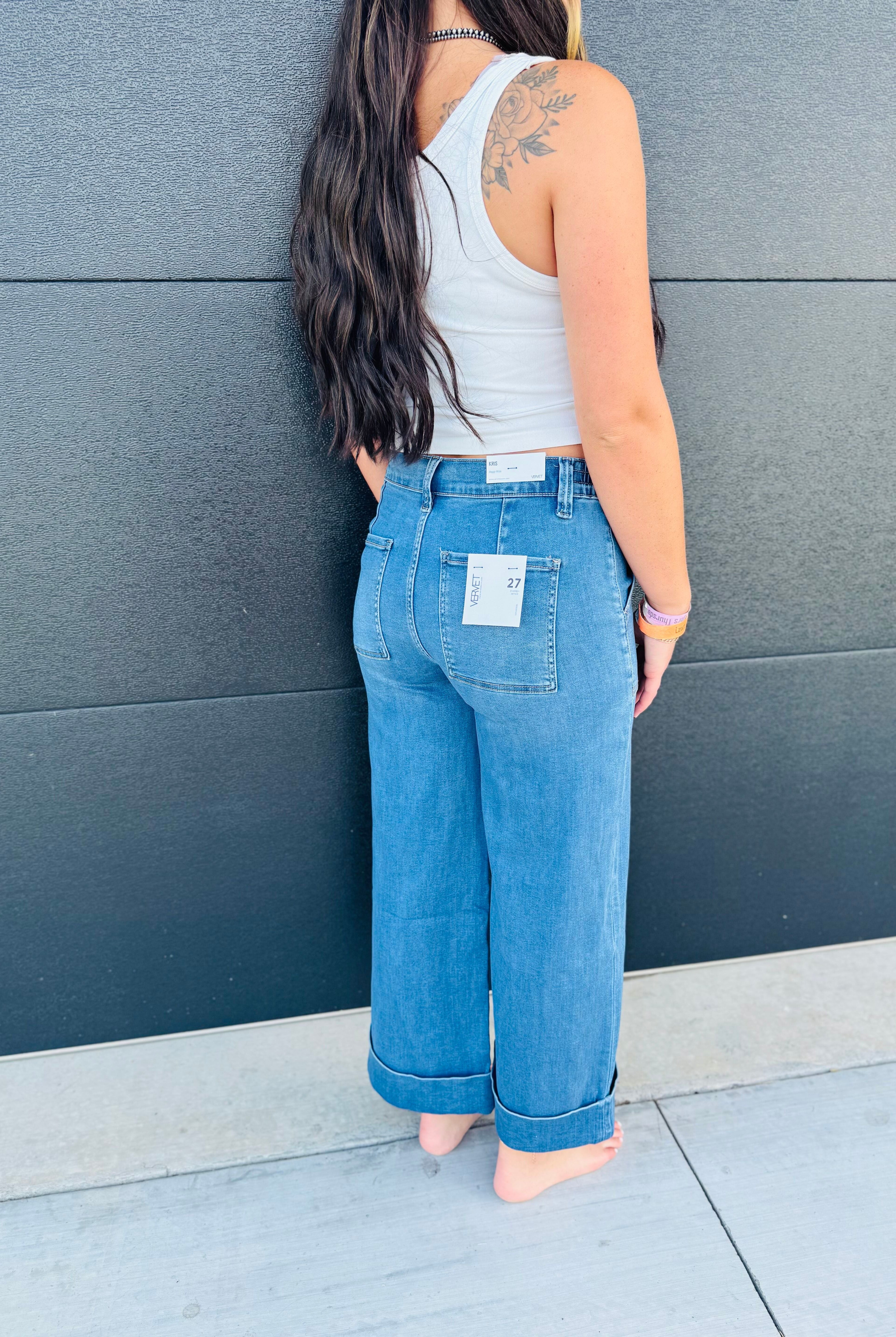 HIGH RISE DOUBLE CUFFED BAGGY WIDE JEANS BY VERVET - Bottoms