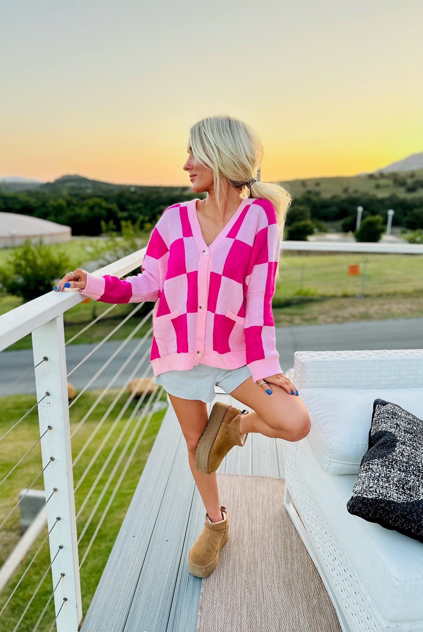 HOT PINK AND LIGHT PINK OVERSIZED CHECKER CARDIGAN