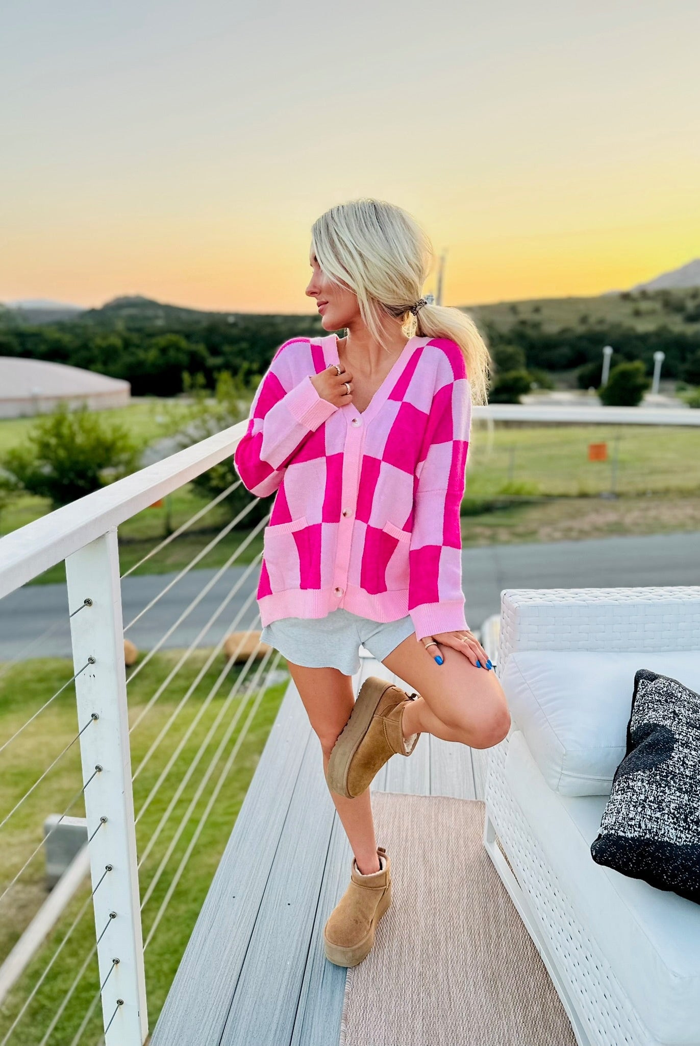 HOT PINK AND LIGHT PINK OVERSIZED CHECKER CARDIGAN