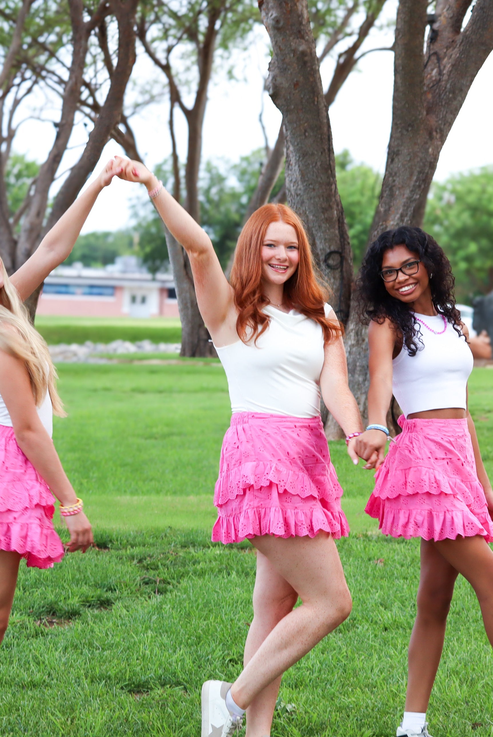 HOT PINK EYELET RUFFLE MINI SKIRT- PERFECT FOR RUSH - Bottoms