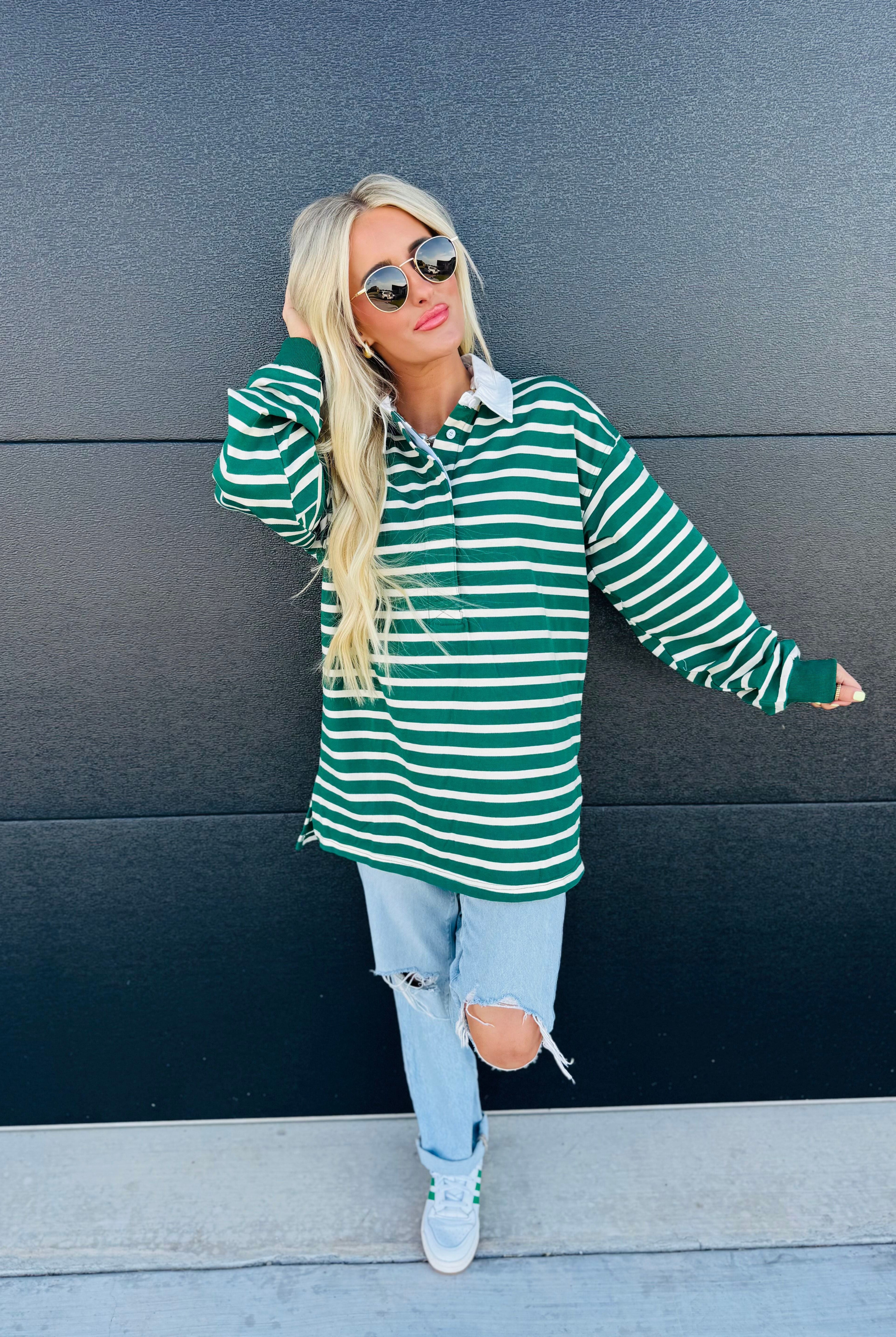 HUNTER GREEN AND CREAM RUGBY POLO SHIRT