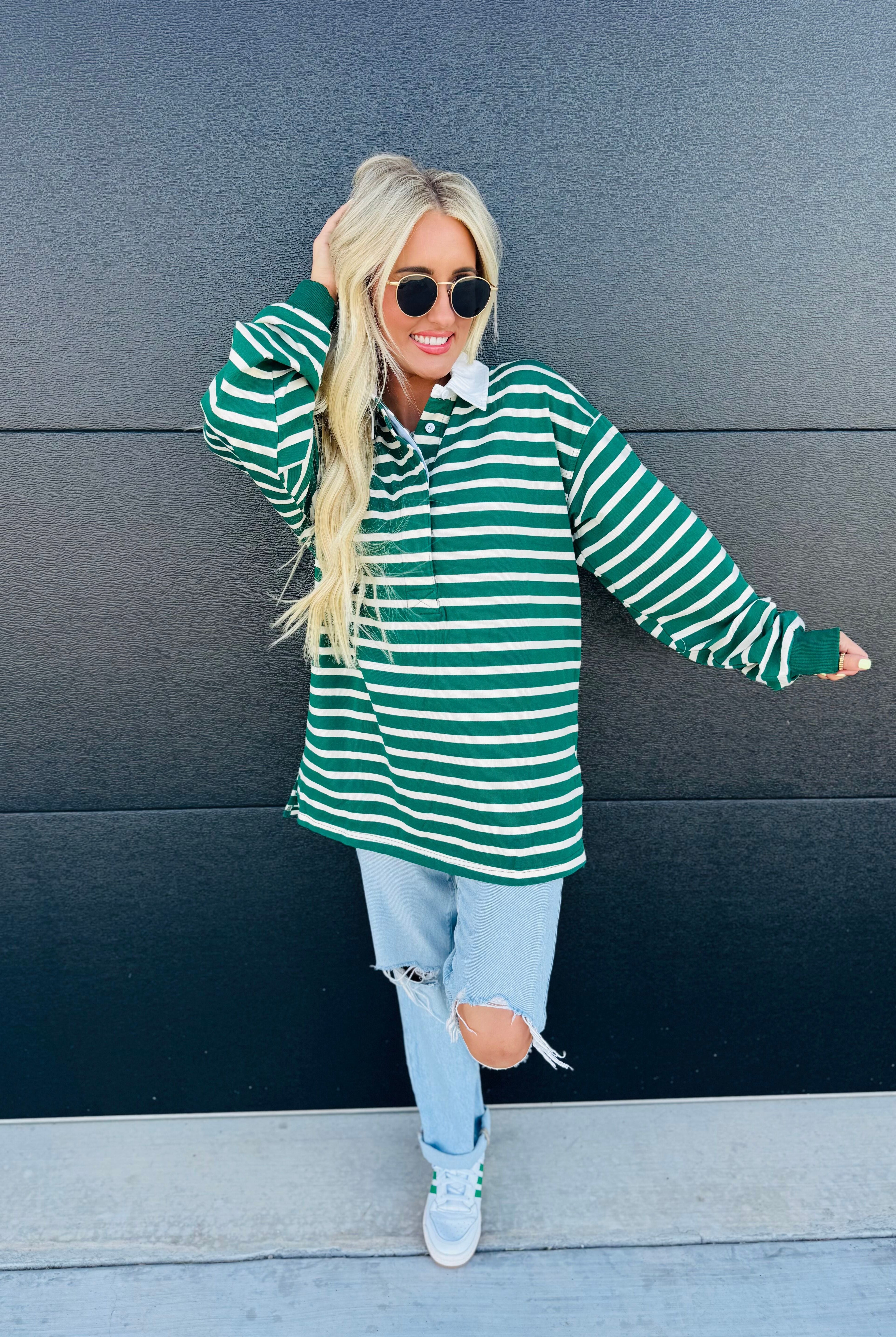 HUNTER GREEN AND CREAM RUGBY POLO SHIRT