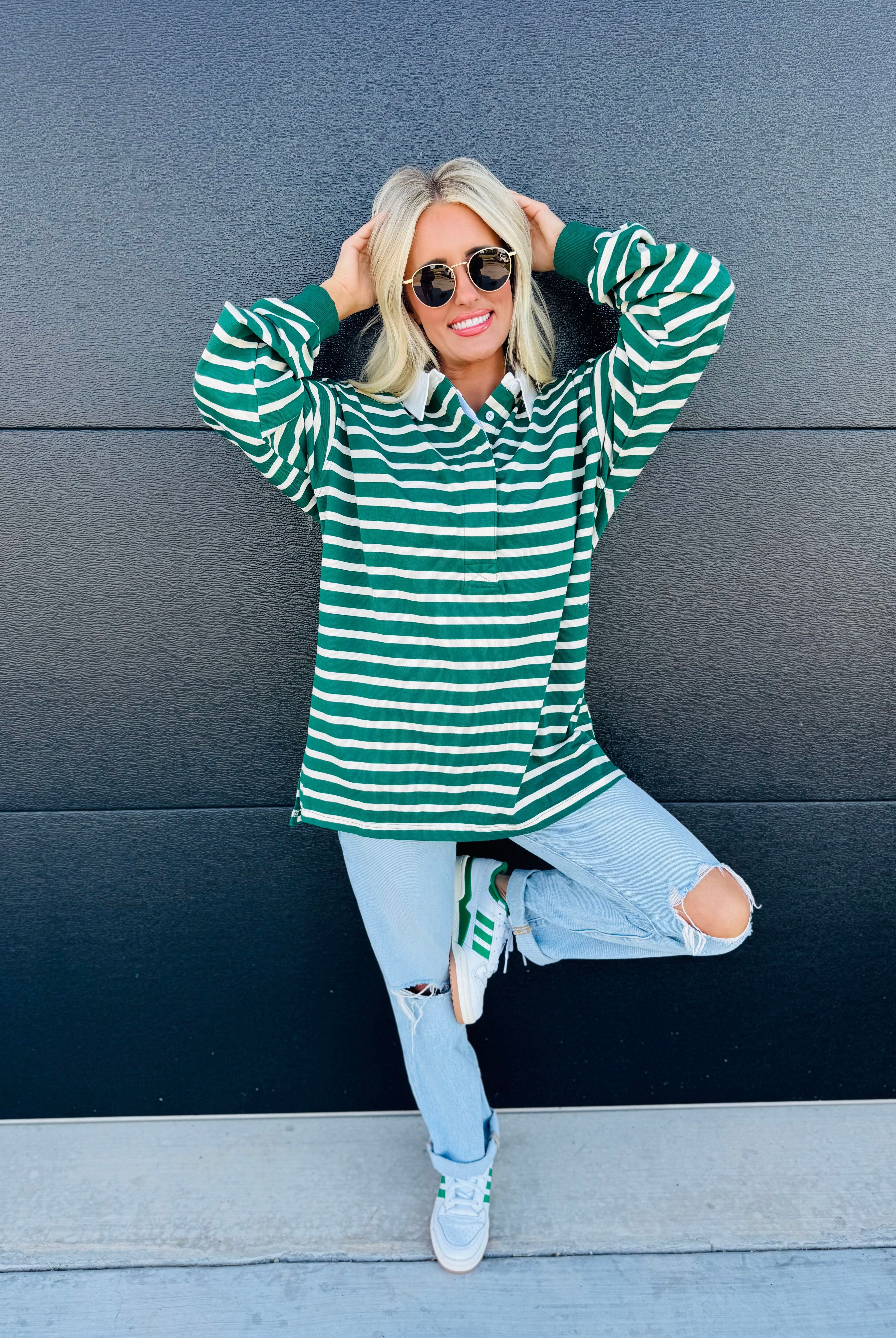 HUNTER GREEN AND CREAM RUGBY POLO SHIRT