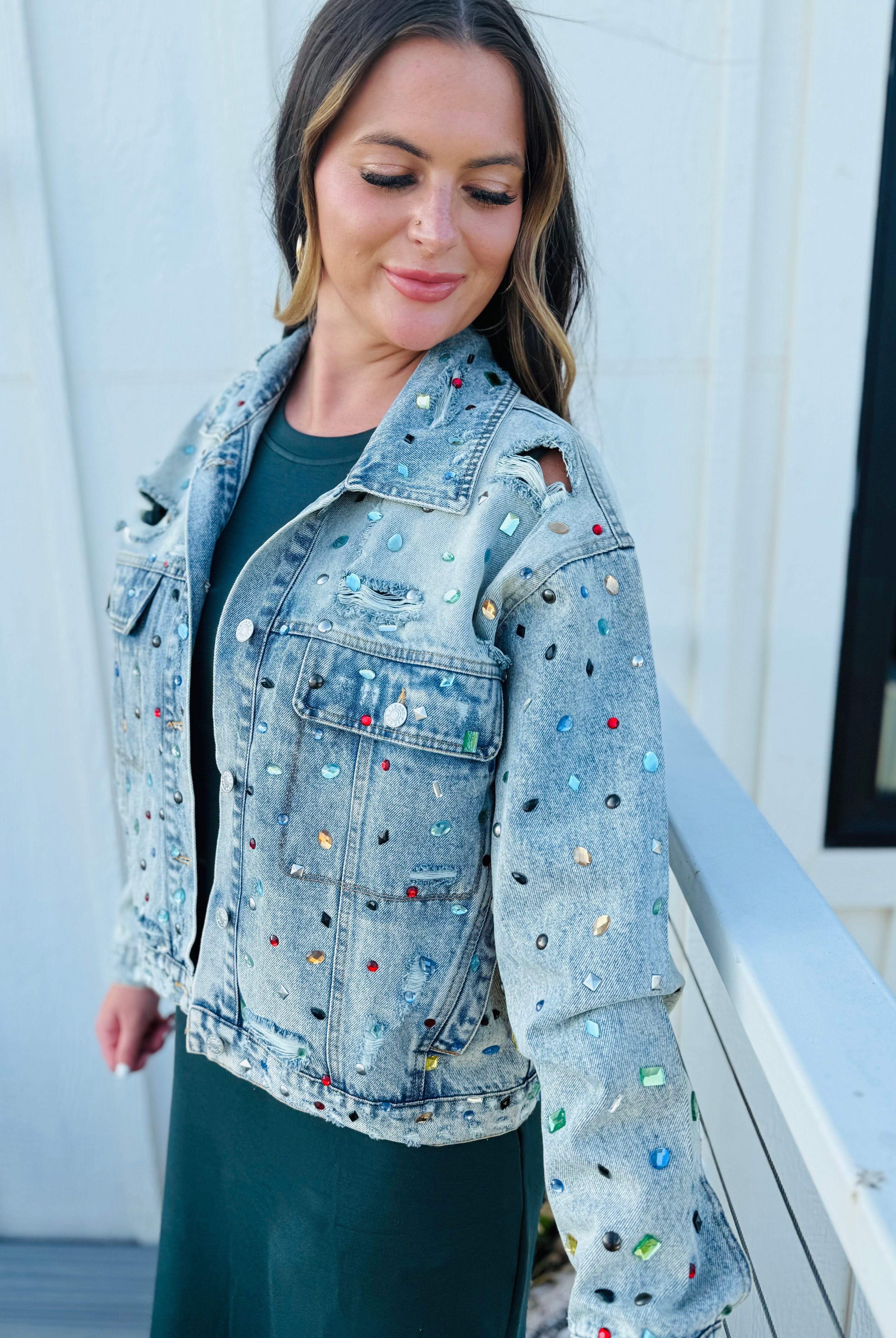 JEWEL COVERED DISTRESSED DENIM JACKET - Tops