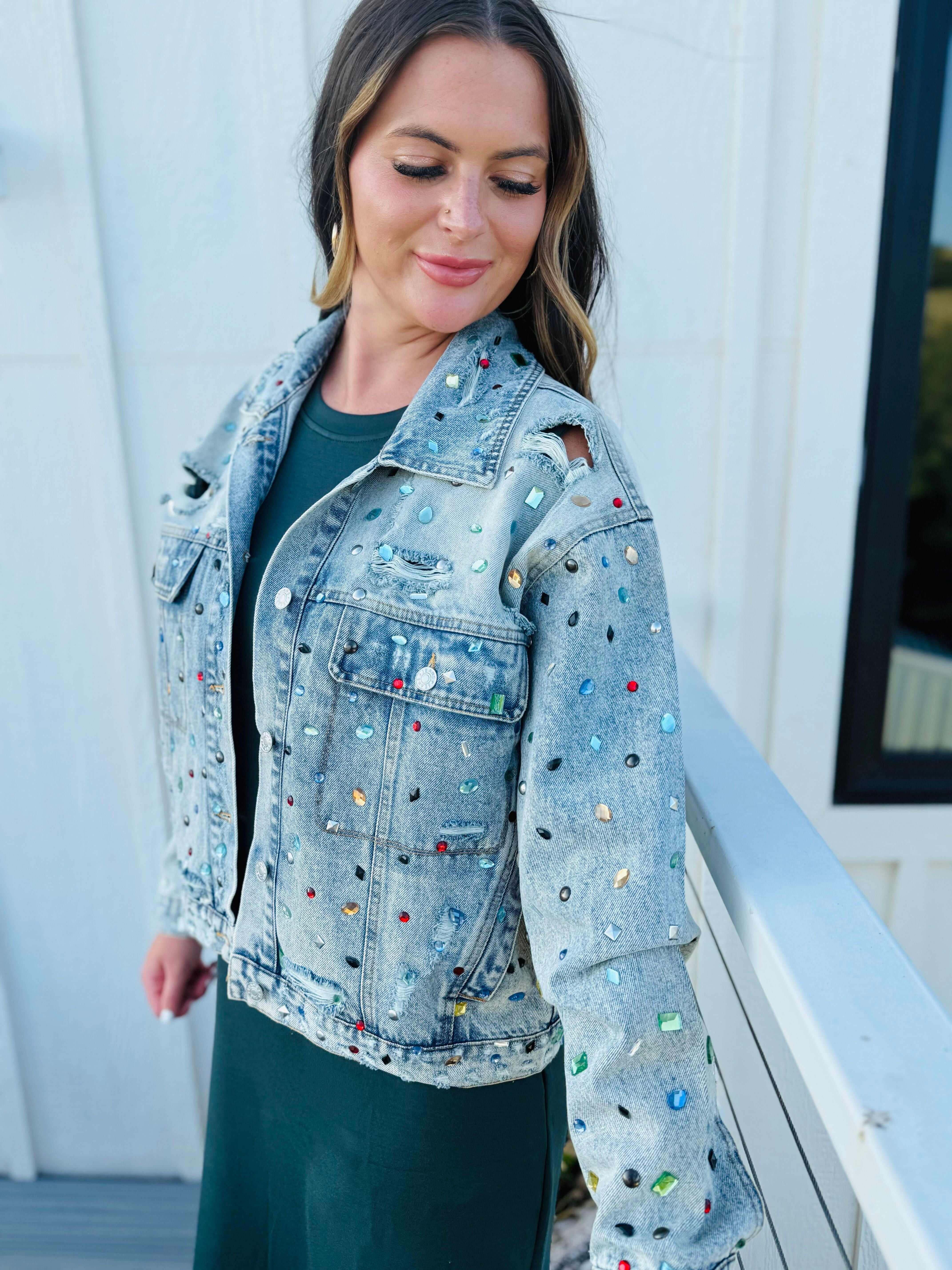 JEWEL COVERED DISTRESSED DENIM JACKET - Tops