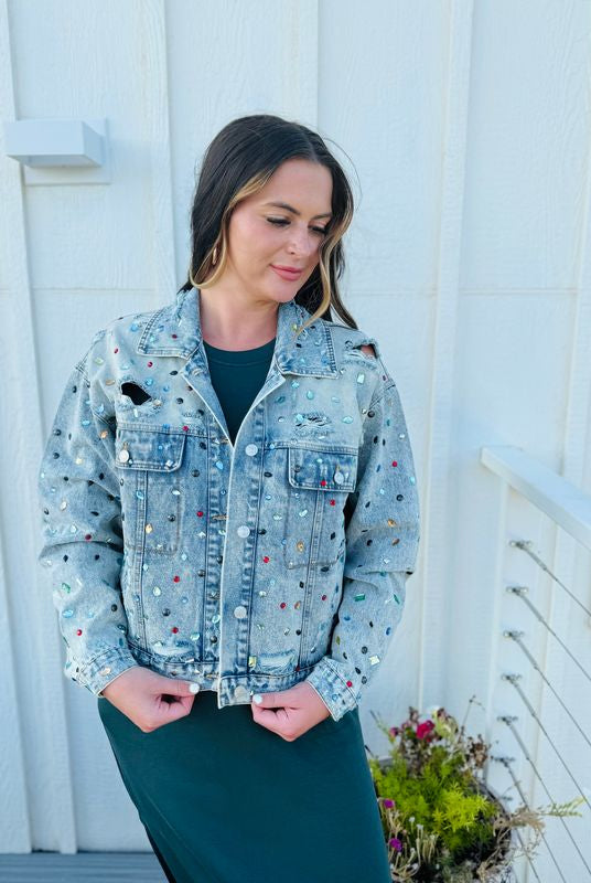 JEWEL COVERED DISTRESSED DENIM JACKET - Tops