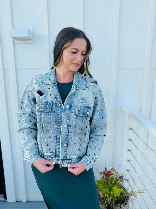 JEWEL COVERED DISTRESSED DENIM JACKET - Tops