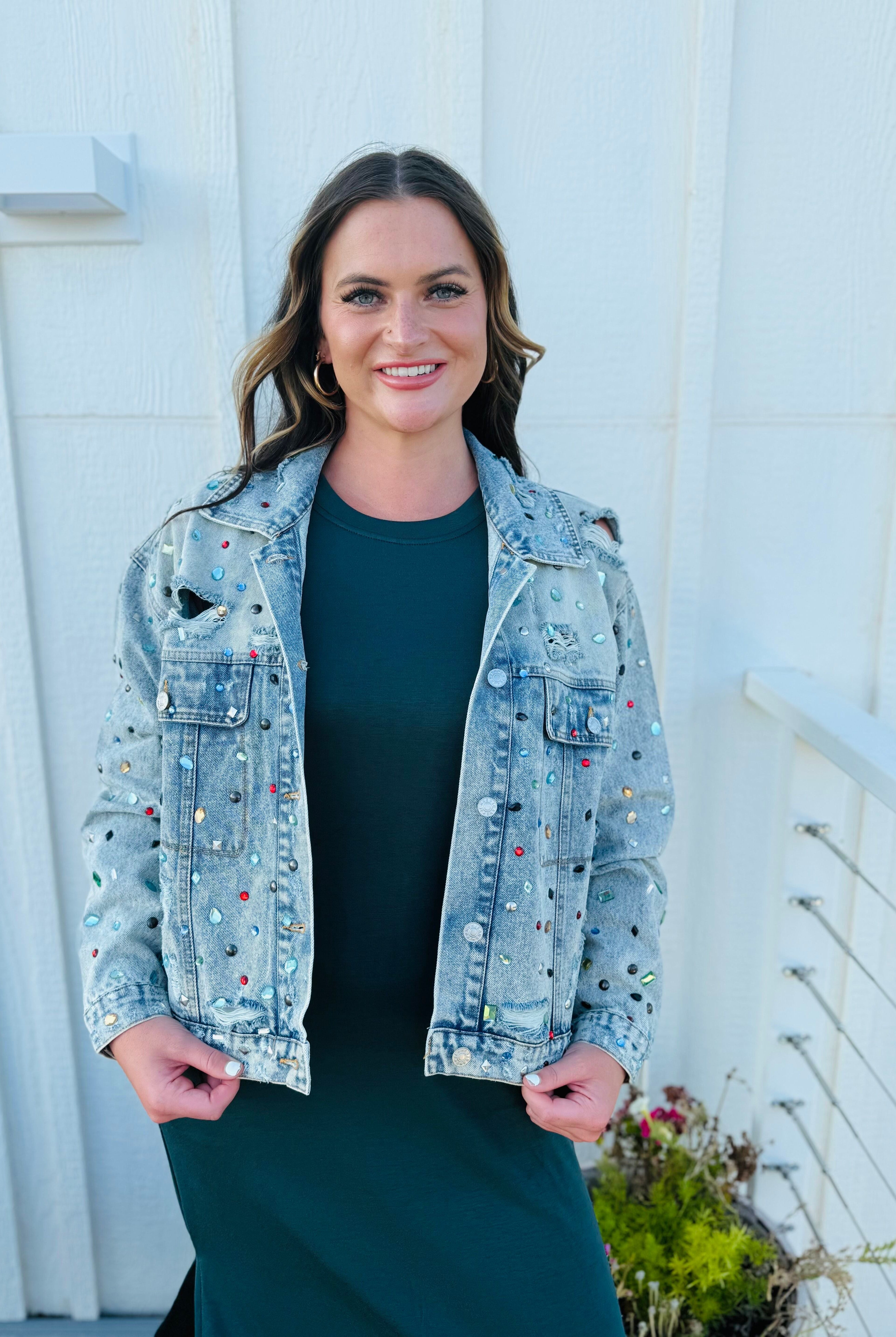 JEWEL COVERED DISTRESSED DENIM JACKET - Tops