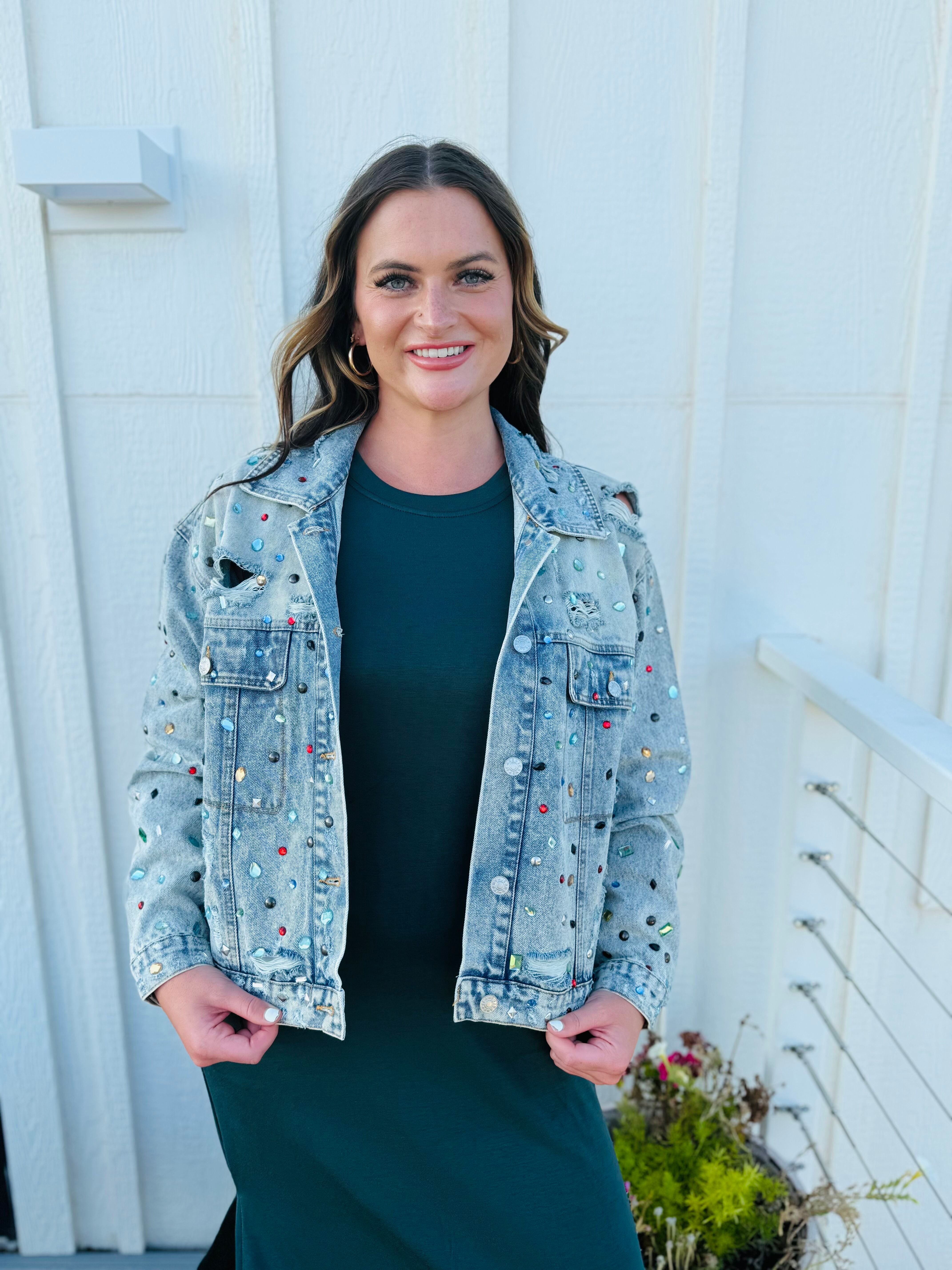 JEWEL COVERED DISTRESSED DENIM JACKET - Tops