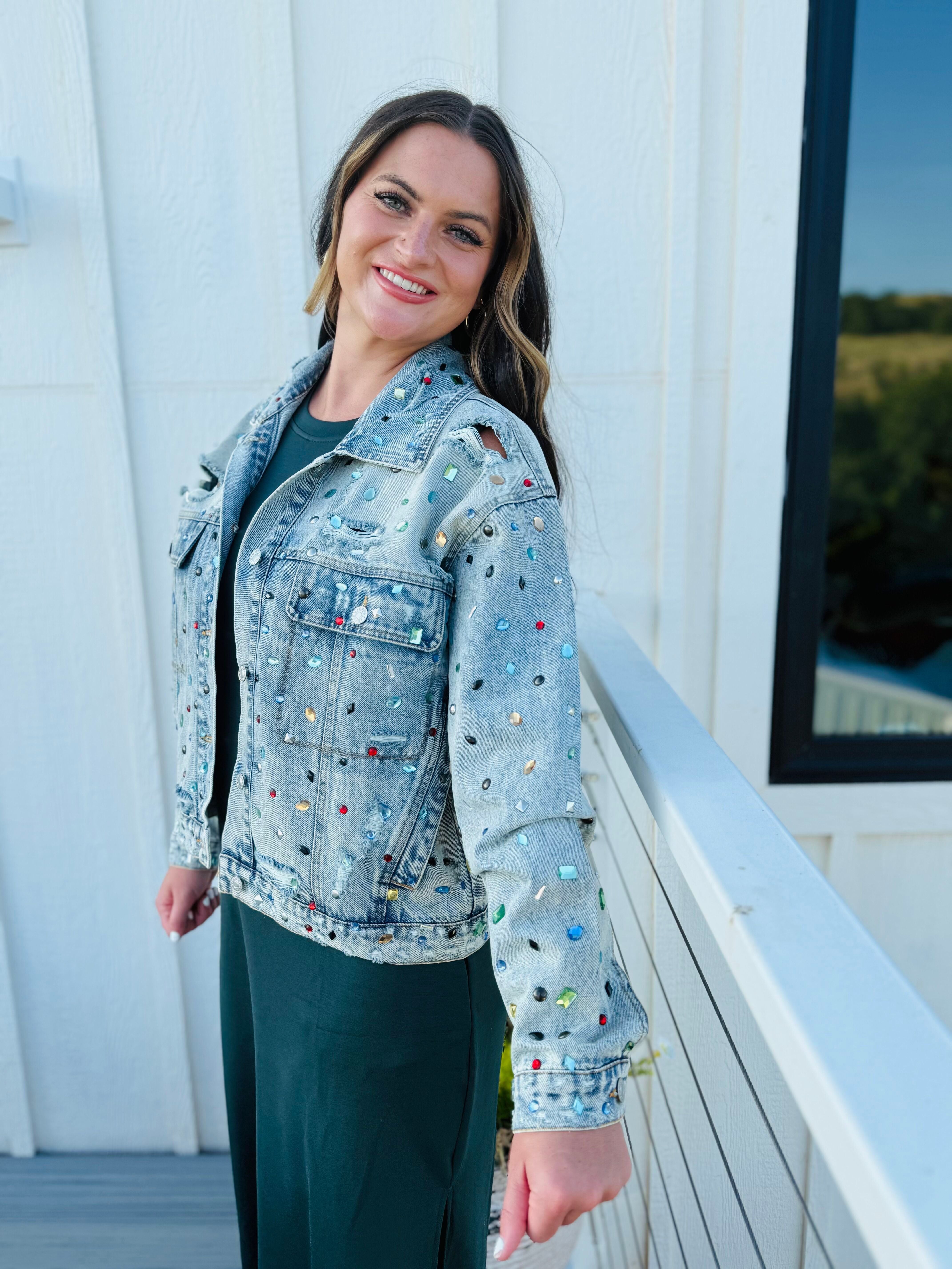 JEWEL COVERED DISTRESSED DENIM JACKET - Tops